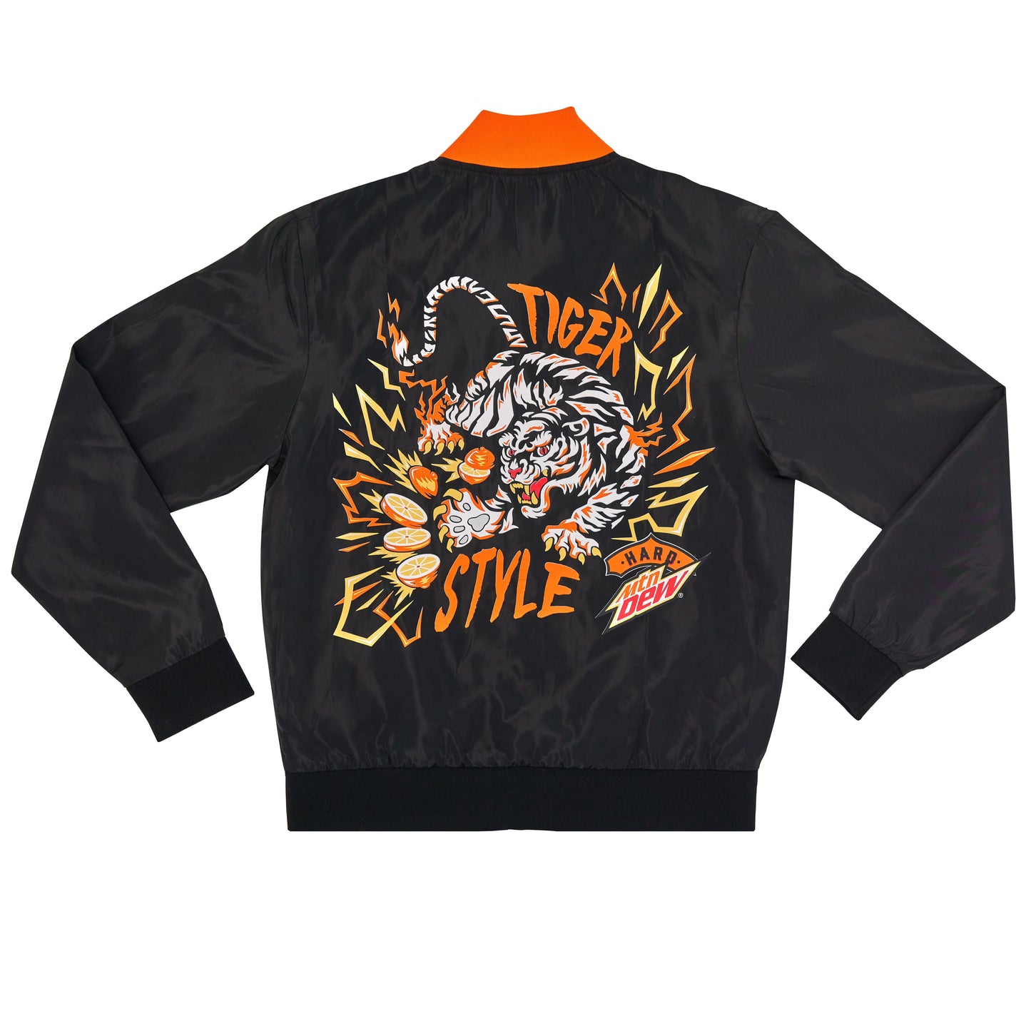 Black polyester bomber jacket with a large orange, yellow, and white tiger graphic on the back. The graphic includes a small Hard Mountain Dew LiveWire logo in the bottom corner.
