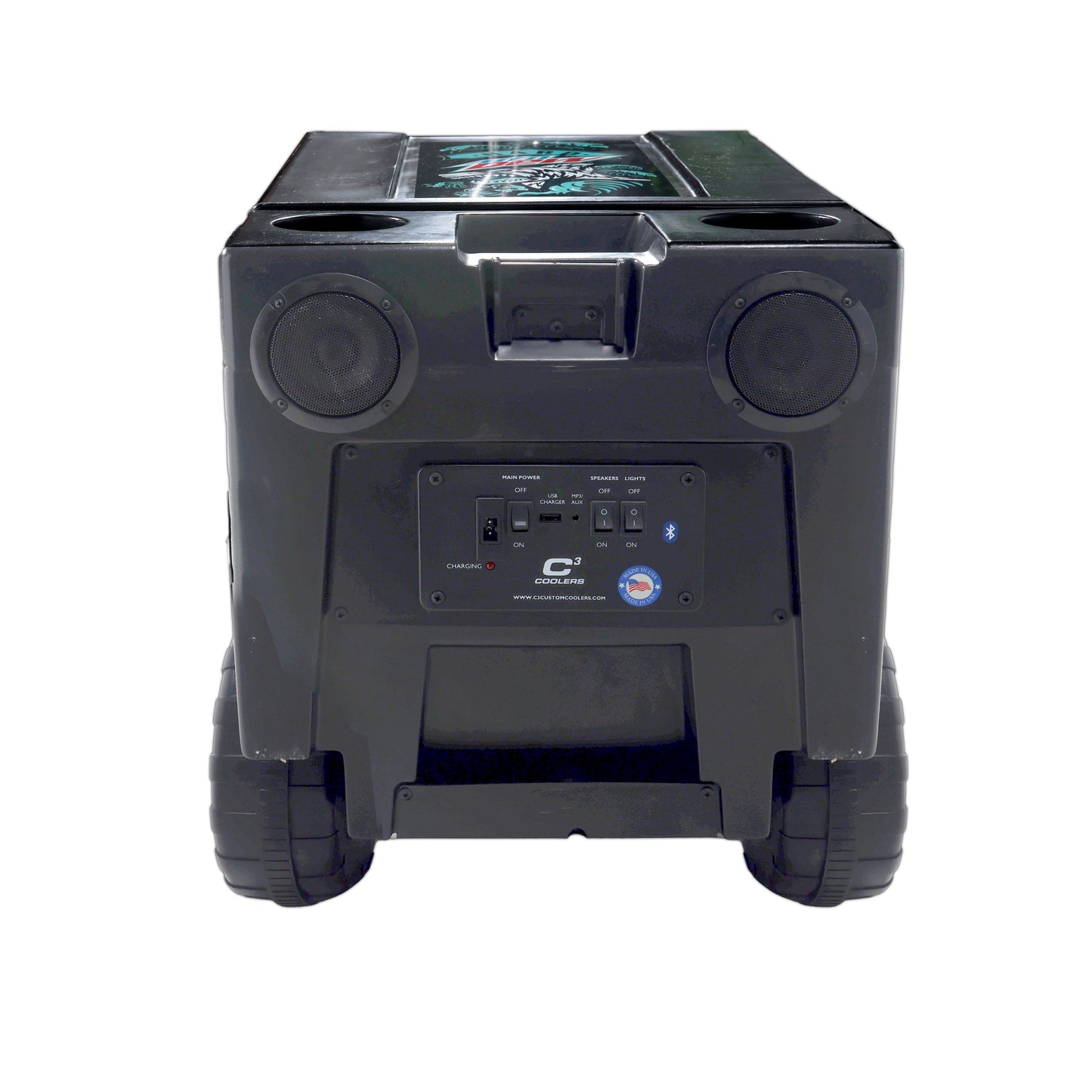 Back view of the remote control cooler, showing that it also functions as a speaker. The image includes the controls for connecting an external audio player.