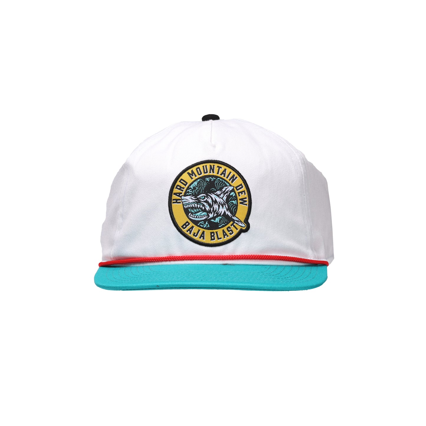 White hat with red lining between teal brim. Hat has a yellow emblem with writing "Hard Mountain Dew Baja Blast" and shark in the center.