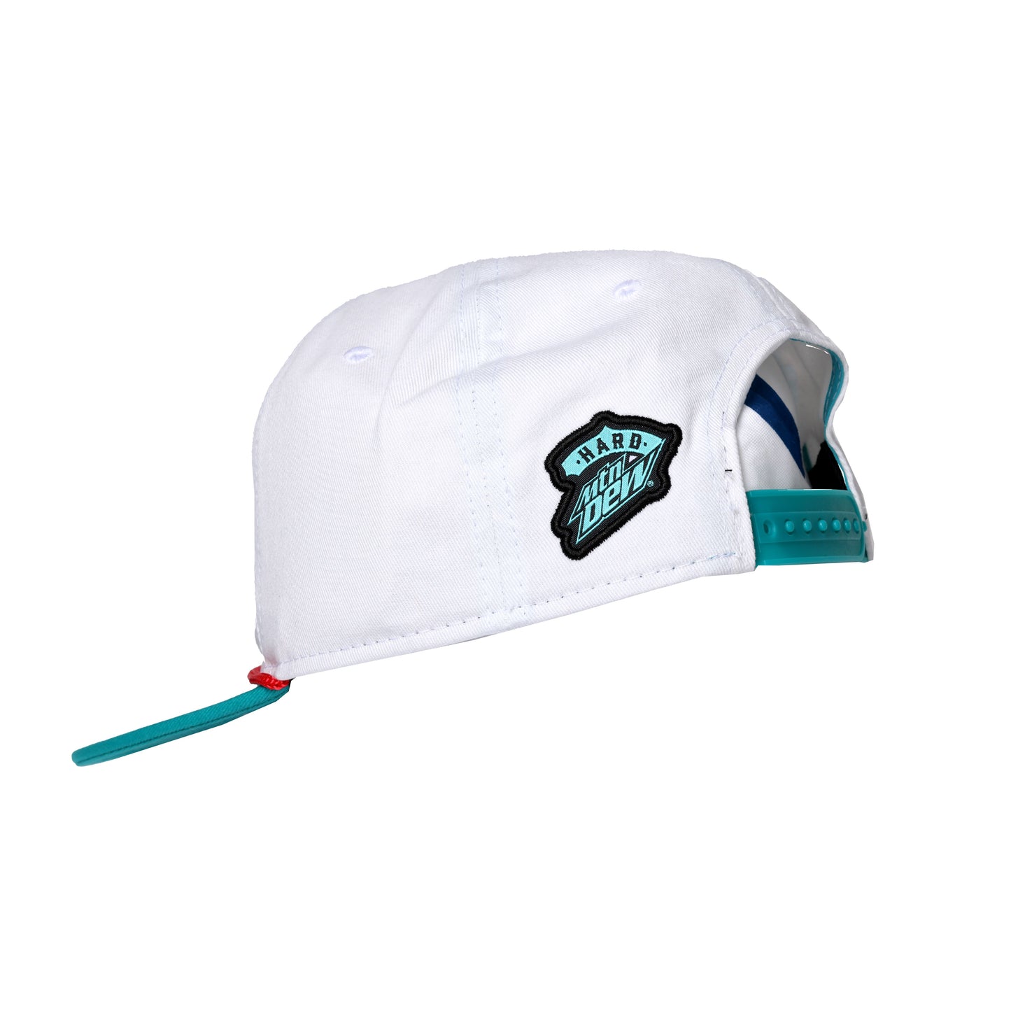 Back and partial side view of hat featuring Hard Mountain Dew logo in teal and teal snapback closure.