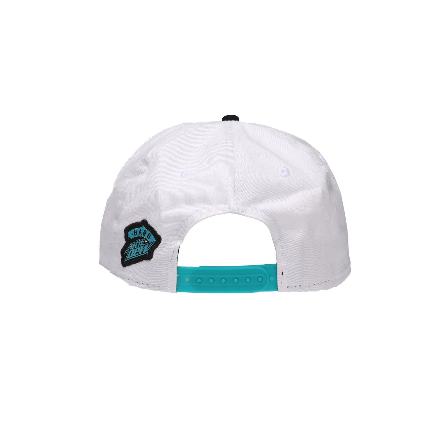 Back view of hat featuring Hard Mountain dew logo in teal and teal snapback closure.