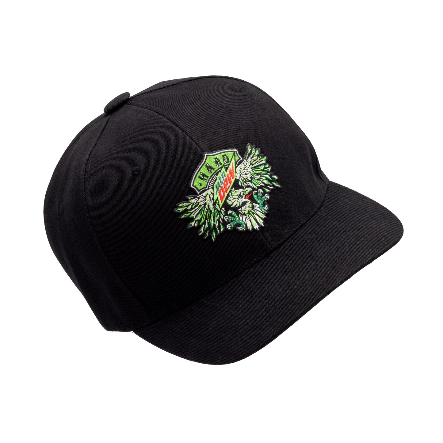 Front view of a black oversized baseball hat featuring neon green, white, and red embroidery of an eagle and the Hard Mountain Dew logo.