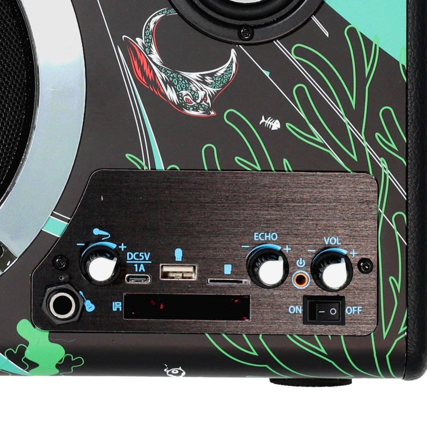 Close-up of the front controls on a Hard Mountain Dew speaker. The image highlights buttons and knobs for adjusting volume, echo, guitar plug-in and other functions.