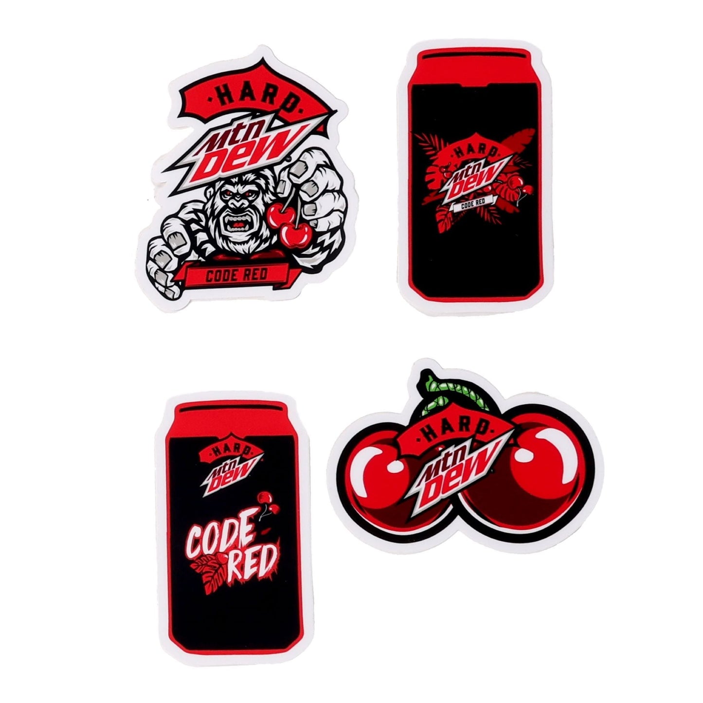 A set of four stickers. The top left sticker features a white and gray cartoon gorilla holding two red cherries, with the text "HARD MTN DEW" in red and white above it and "CODE RED" on a red banner below. The top right and bottom left stickers are shaped like black and red cans with the "HARD MTN DEW" logo and "CODE RED" text. The bottom right sticker shows two red cherries with the "HARD MTN DEW" logo overlaid.