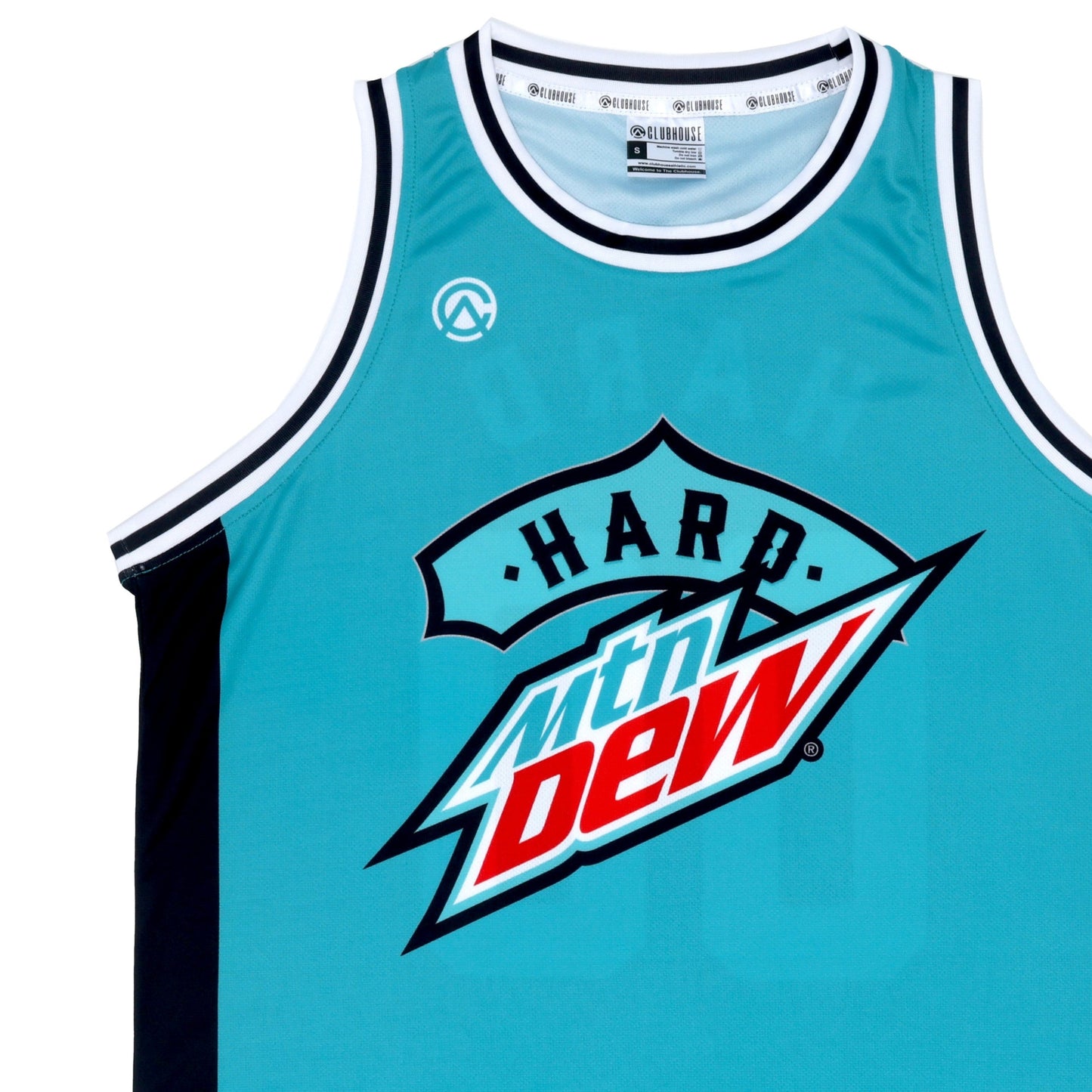 Close-up of the Hard Dew basketball jersey's front logo, showing detailed colors in black, teal, red, and white. The image also highlights the armhole openings with a white-black-white stripe pattern.
