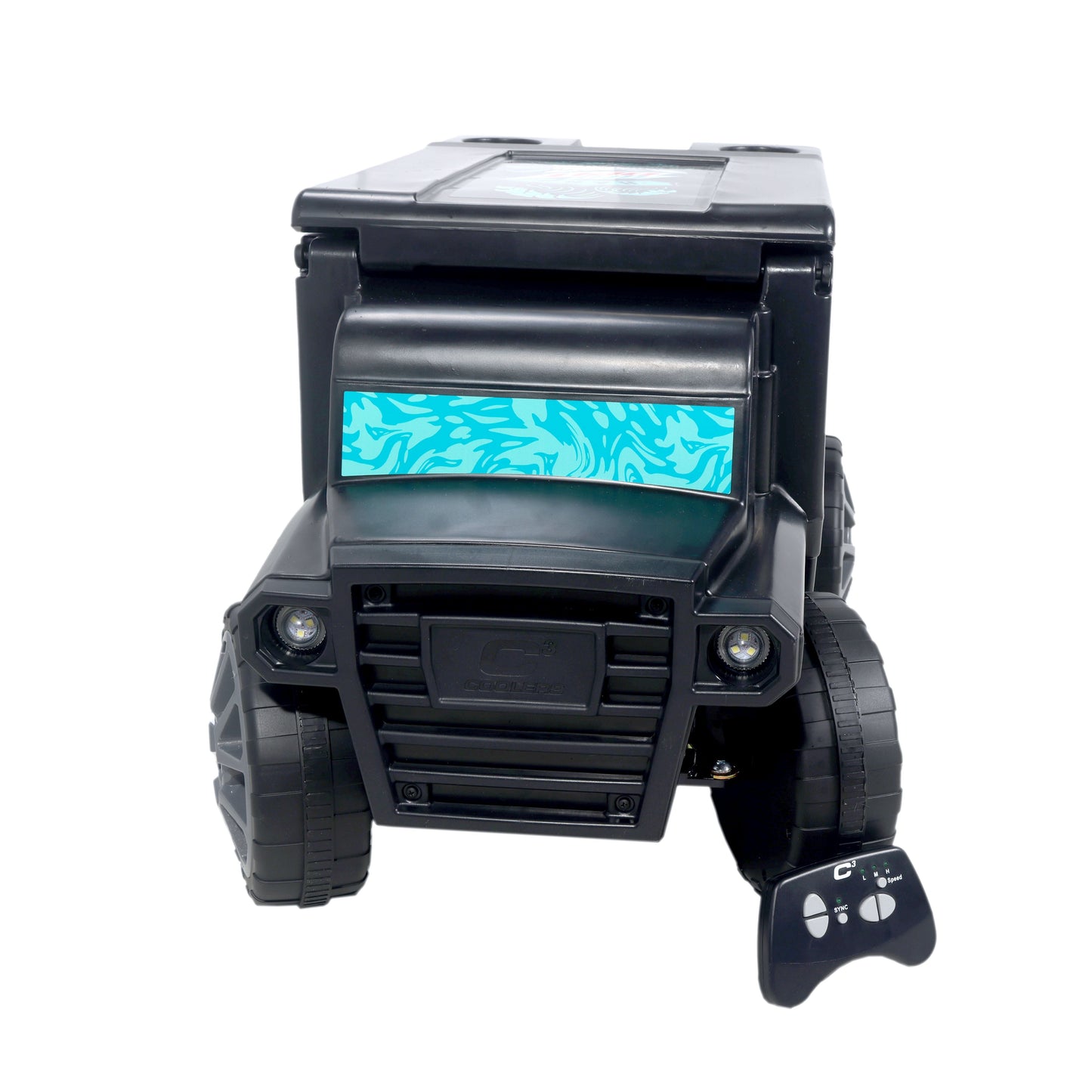 Front view of the remote control cooler shaped like an armored truck, highlighting the teal and light teal water pattern design on the front window.