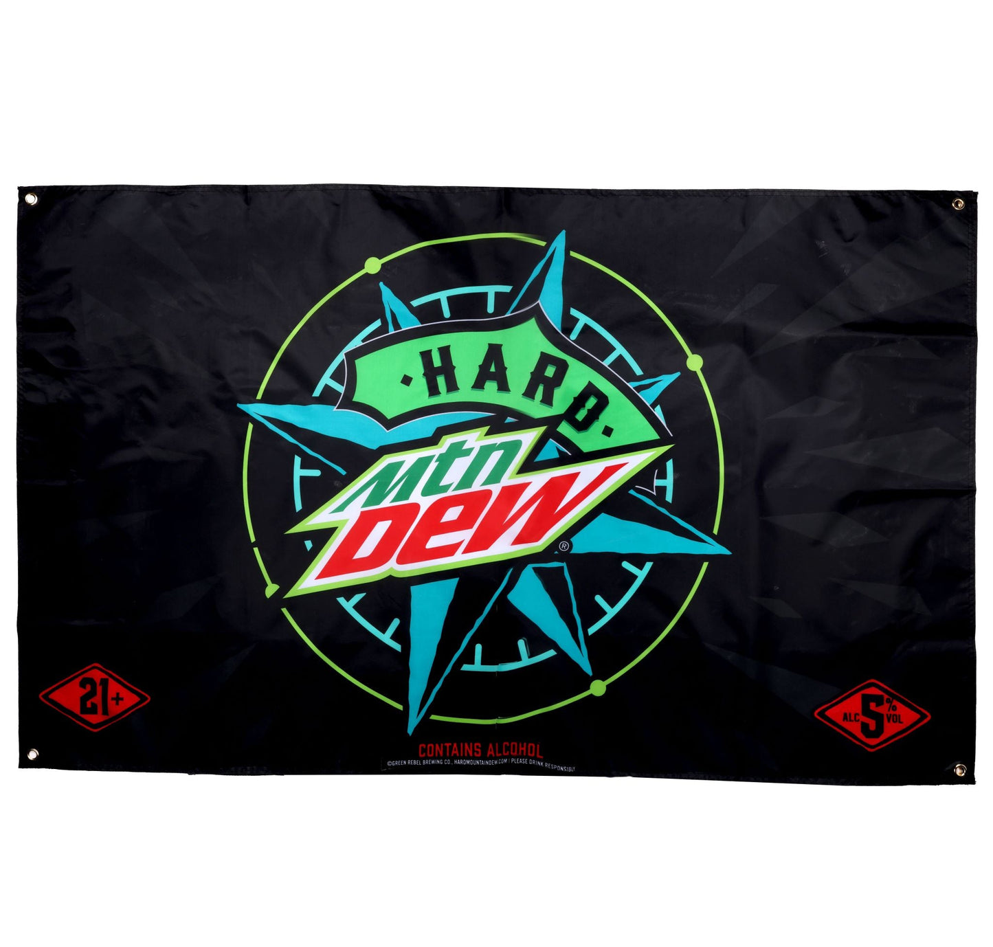 Black rectangular flag for "Hard MTN DEW." The center features the "MTN DEW" logo in green and red with "HARD" written in green above it. This is set against a teal starburst or compass-like design with a thin neon green circle around it. In the bottom left corner, there's a red diamond shape with "21+" in white. In the bottom right corner, there's a red diamond shape with "5% ALC/VOL" in white. Below the main design, small white text reads "CONTAINS ALCOHOL." There are metal grommets in each corner.
