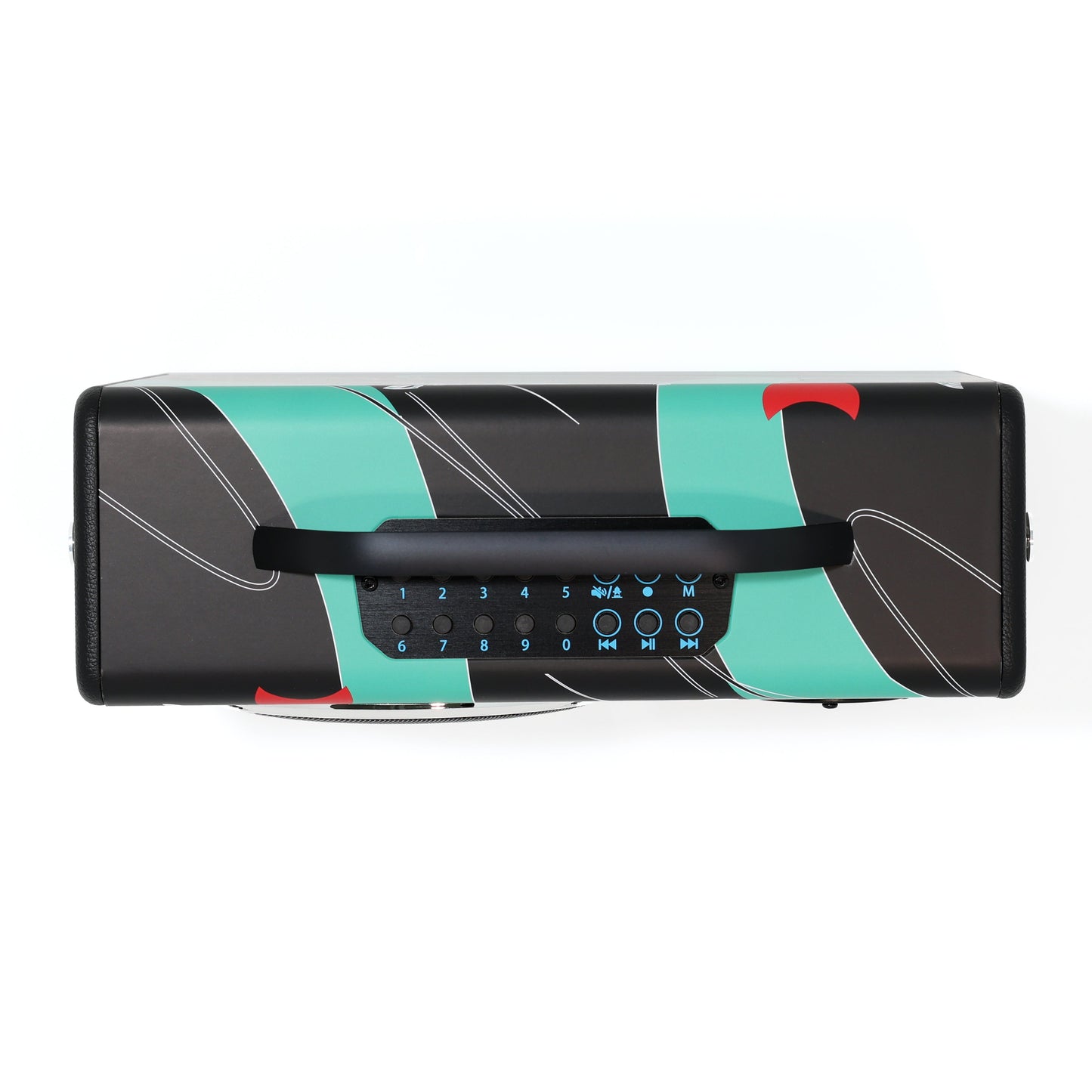 Top view of a Hard Mountain Dew boombox showing the handle and operational buttons. The handle is designed for easy carrying, and the buttons are arranged for controlling the speaker's functions.