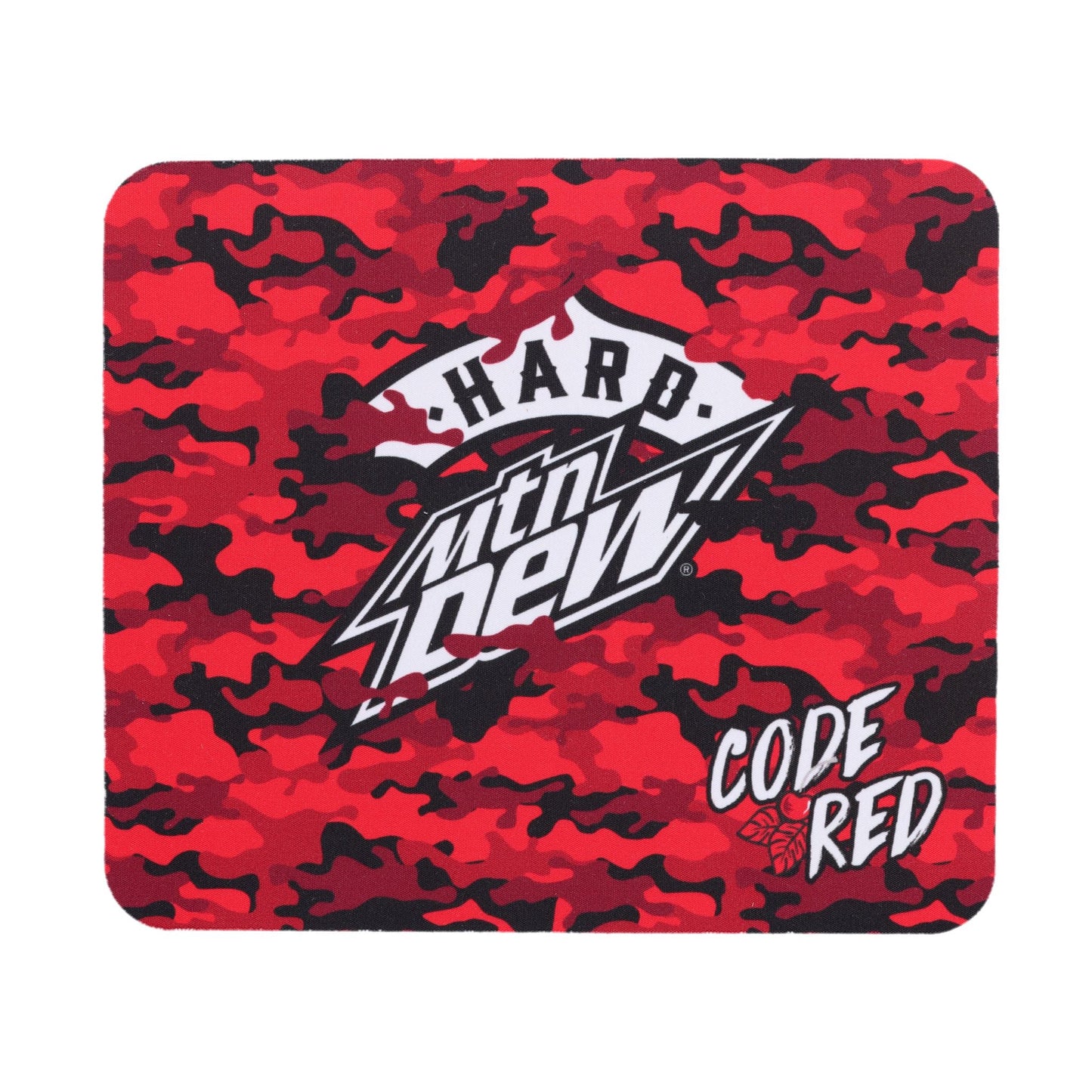 A square mouse pad with a red and black camouflage pattern. In the center is a white logo with stylized text that reads "HARD MTN DEW". Below and to the right is smaller white text that says "CODE RED" with a small red cherry and leaf design.