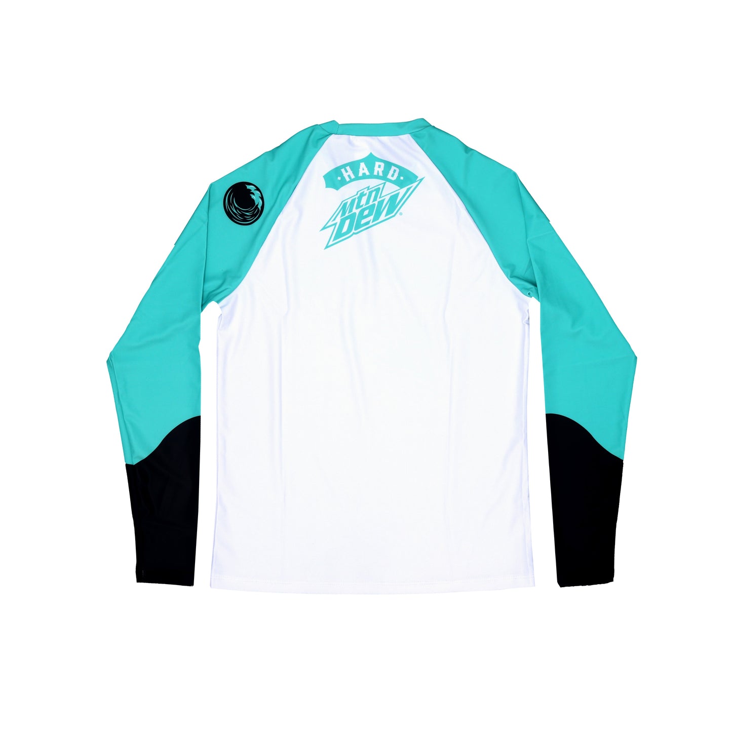Flat lay back view of the long sleeve rash guard in Baja Blast colors. The back features a smaller logo illustration, about 7 inches long, starting at the nape of the neck. The body is white, with teal raglan sleeves and a black circular wave illustration on the right shoulder.