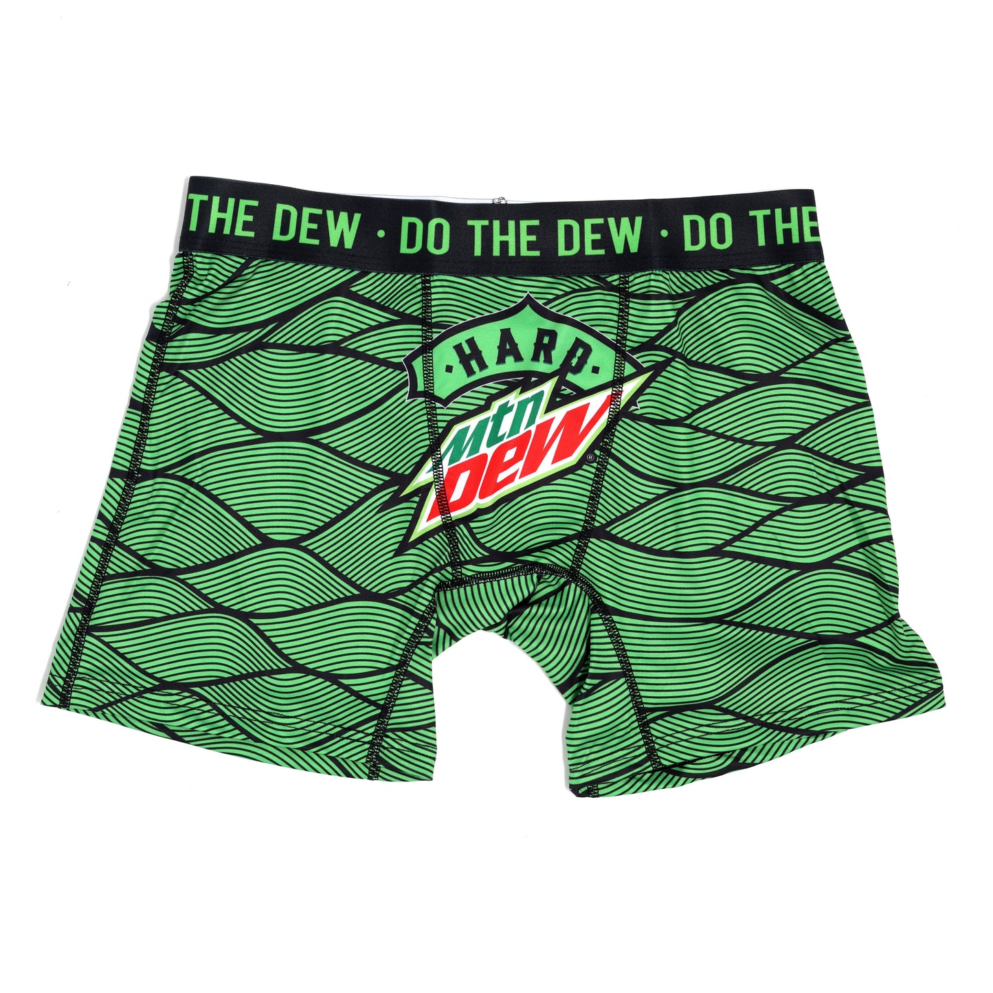 Knit green and black patterned boxer briefs with black waist band. A Hard Mountain Dew logo on front of shorts and DO THE DEW text on waist band.