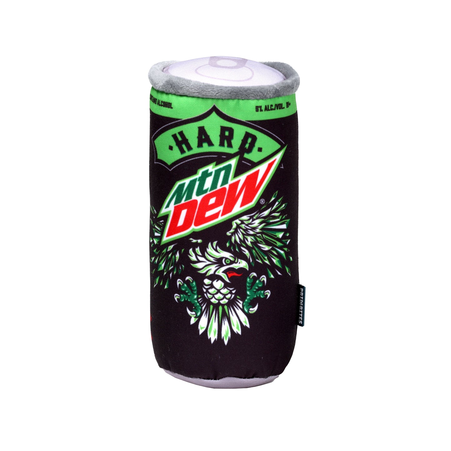 Dog toy in the shape of a Hard Mountain Dew can. Hard Mountain Dew can artwork featuring logo and eagle illustration.