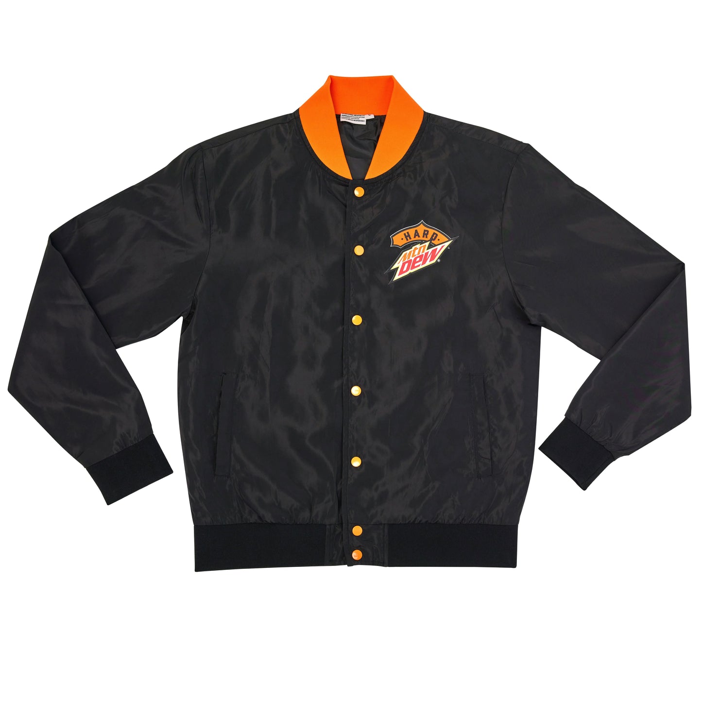 Black faux silk polyester bomber jacket with orange accents and buttons. Features a Hard Mountain Dew LiveWire logo on the left chest.