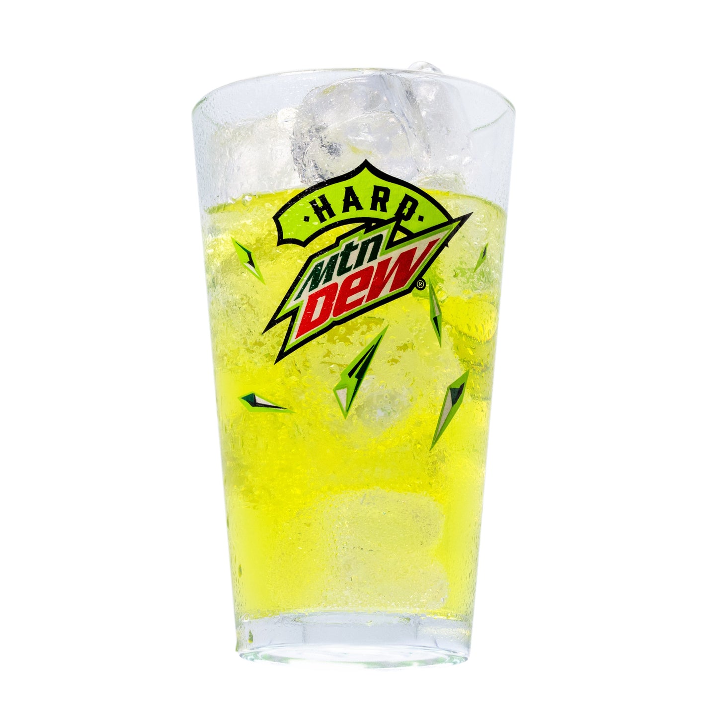 Clear glass shaker pint with Hard Mountain Dew logo shot with Hard Dew liquid. Logo glows in dark.