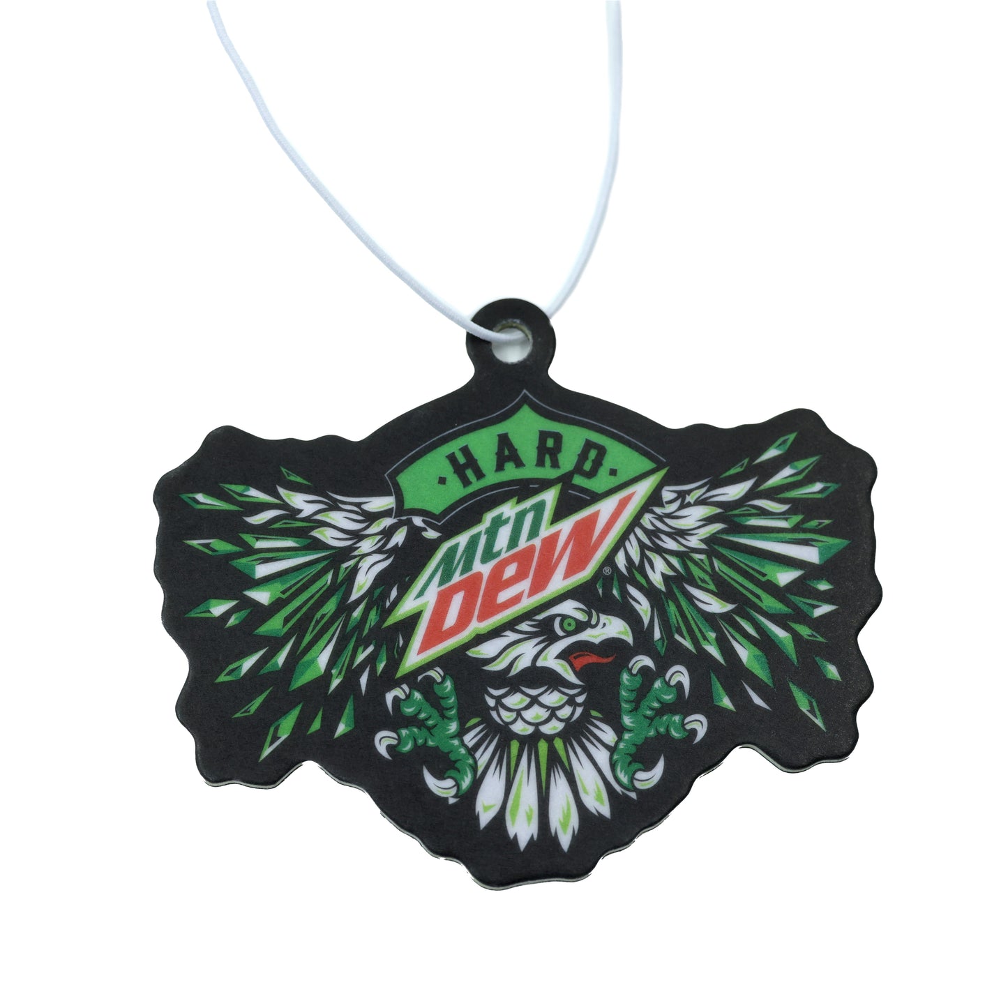 Car air freshener featuring the Hard Mountain Dew logo over an eagle illustration.