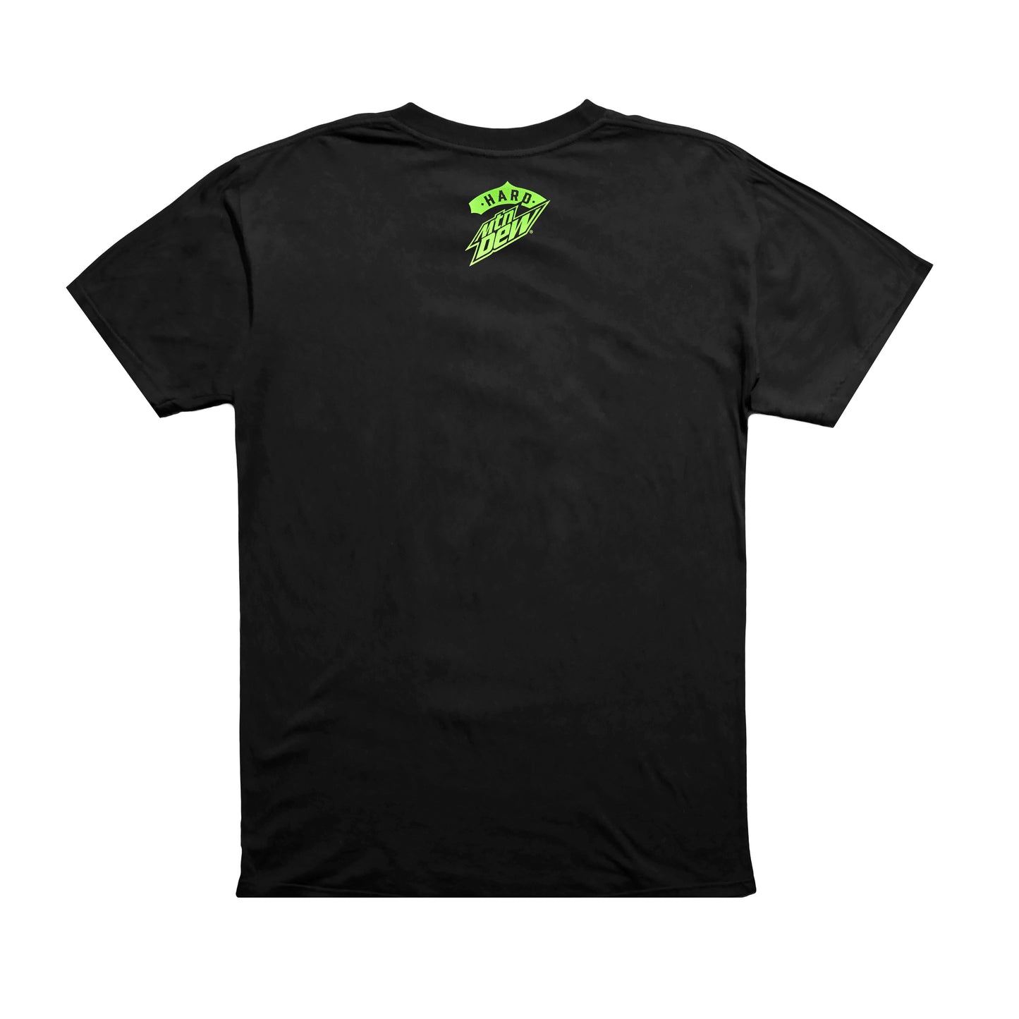 Flat lay of the back of a Hard Mountain Dew t-shirt showing a small bright green logo at the nape of the neck. The design is simple, with the logo clearly visible against the shirt's fabric.