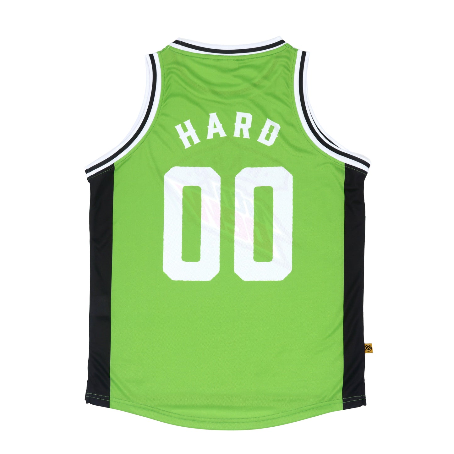 Back view of green crew neck classic basketball jersey tank with large front Hard Mountain Dew logo. Black panels on side body, knit rib neck and arm trim.