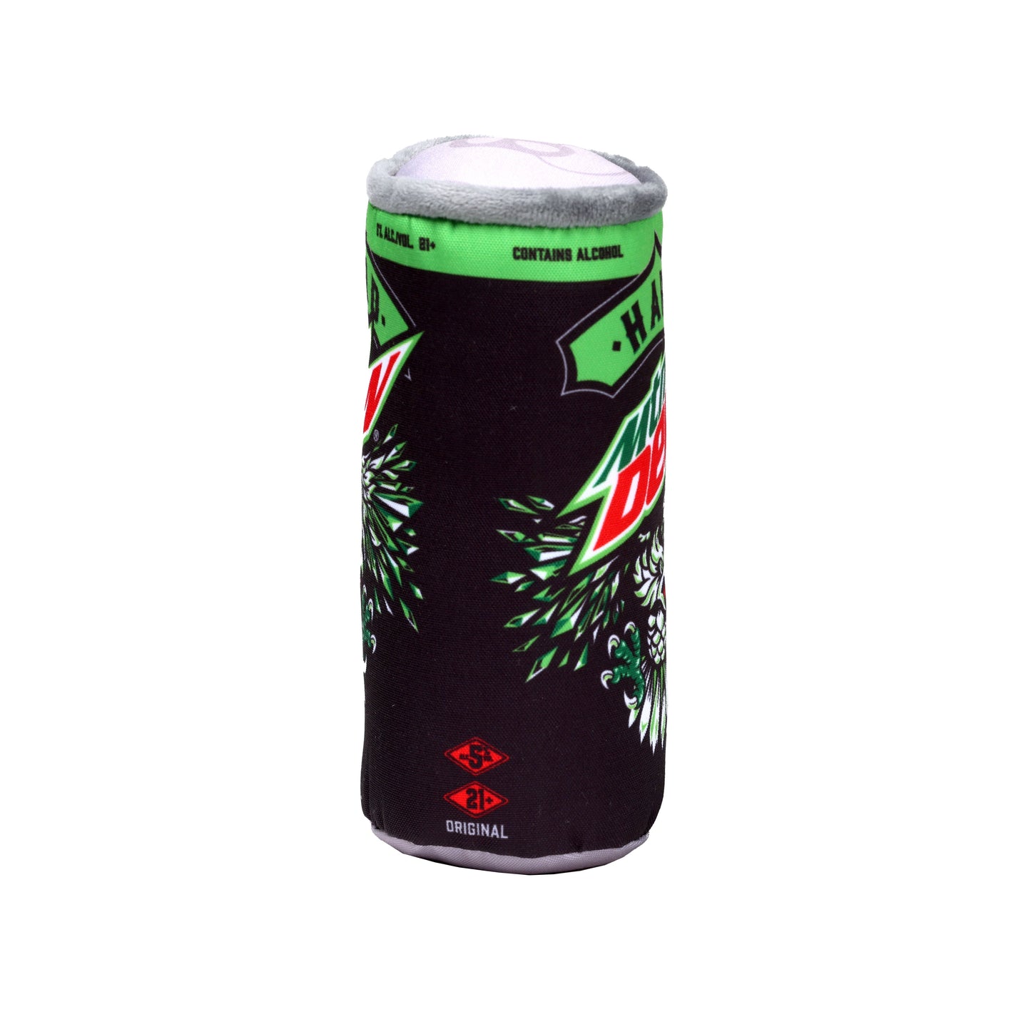 Side view of dog toy in the shape of a Hard Mountain Dew can. Hard Mountain Dew can artwork.