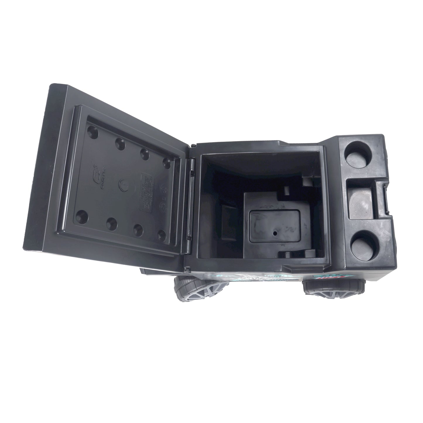 Top-down view of the remote control cooler. The inside is black and open for holding cans. Outside the lid closure, there are two additional spots for holding cans