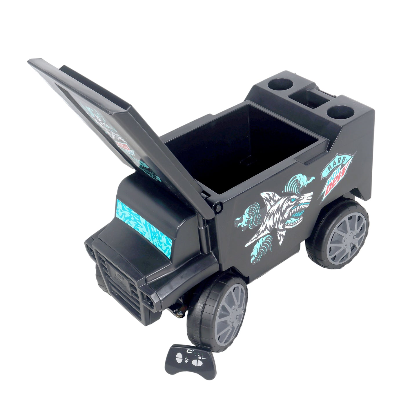 Top right view of the open remote control cooler. Shows the front window design, the side shark and wave graphic, and the two cup holders.