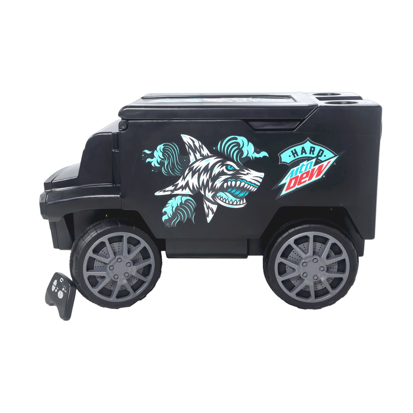 Full side view of the remote control cooler shaped like an armored truck, showing the teal and white shark and wave design along with the Hard Mountain Dew logo on the side.