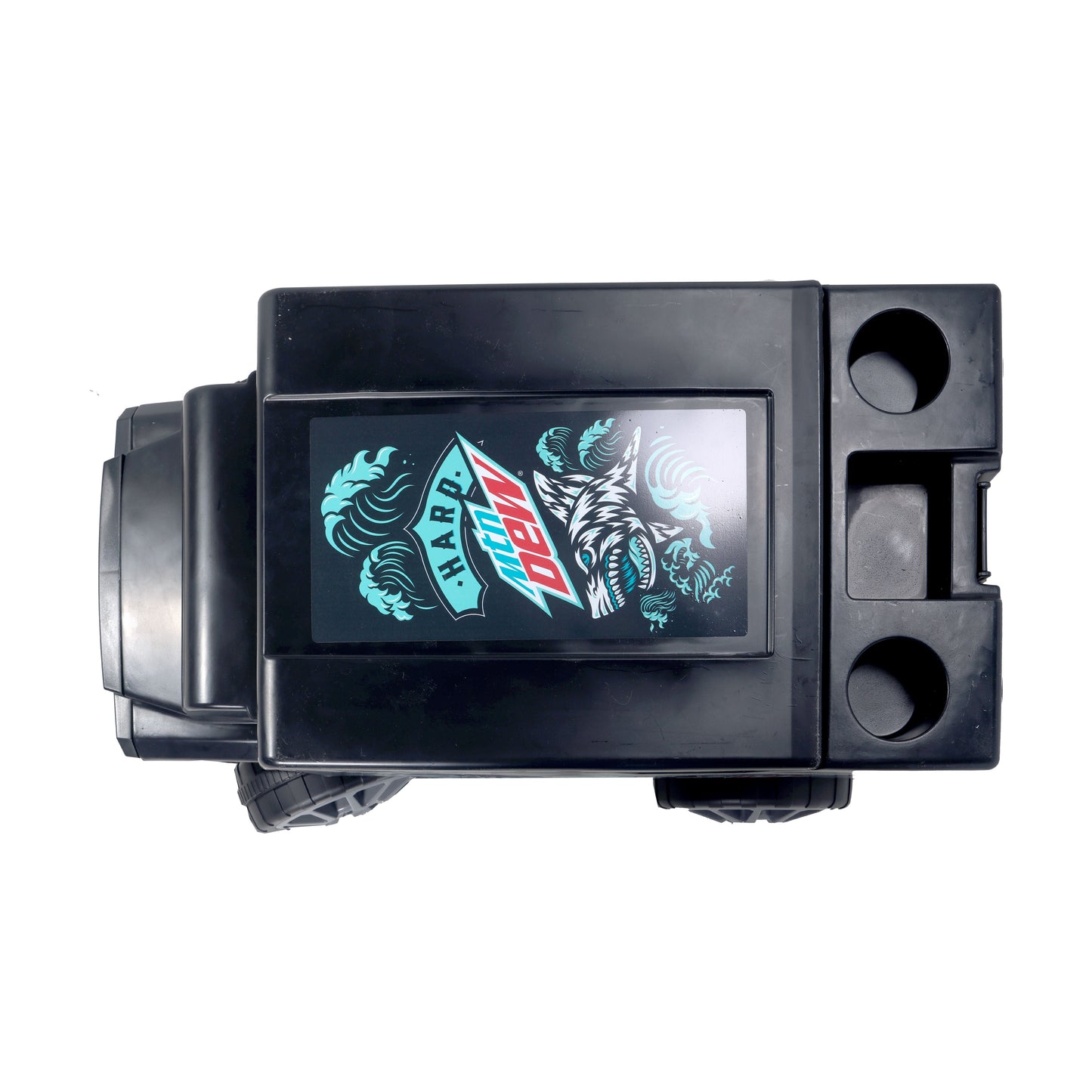 Top view of the remote control cooler shaped like an armored truck, featuring a design of a teal and white shark emerging from waves with the Hard Mountain Dew logo above it, also emerging from waves.
