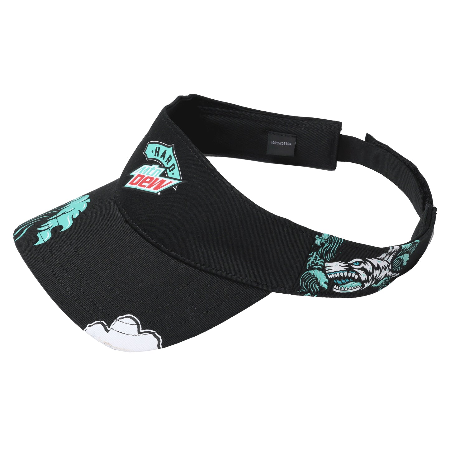 Top-down view of the Hard Mountain Dew Baja Blast hat, displaying four designs on the visor: a shark bite, a wave, the front logo, and a shark.