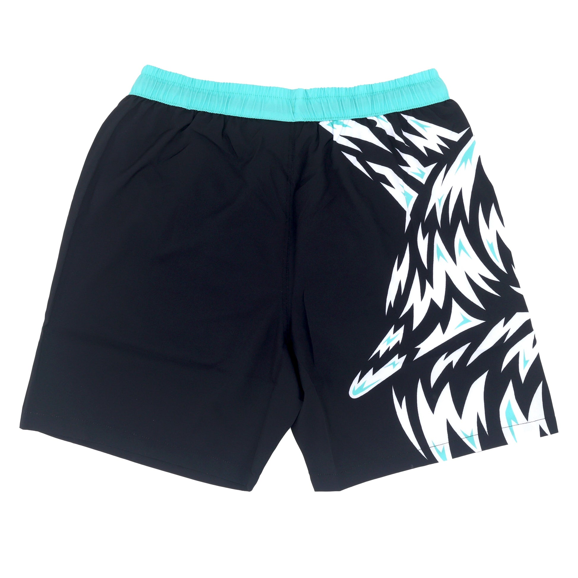 Back view of men's Hard Mountain Dew Baja Blast swim trunks. The back right leg shows the back fins of the white and teal shark design, while the opposite leg is blank and solid black. The waistband is teal.