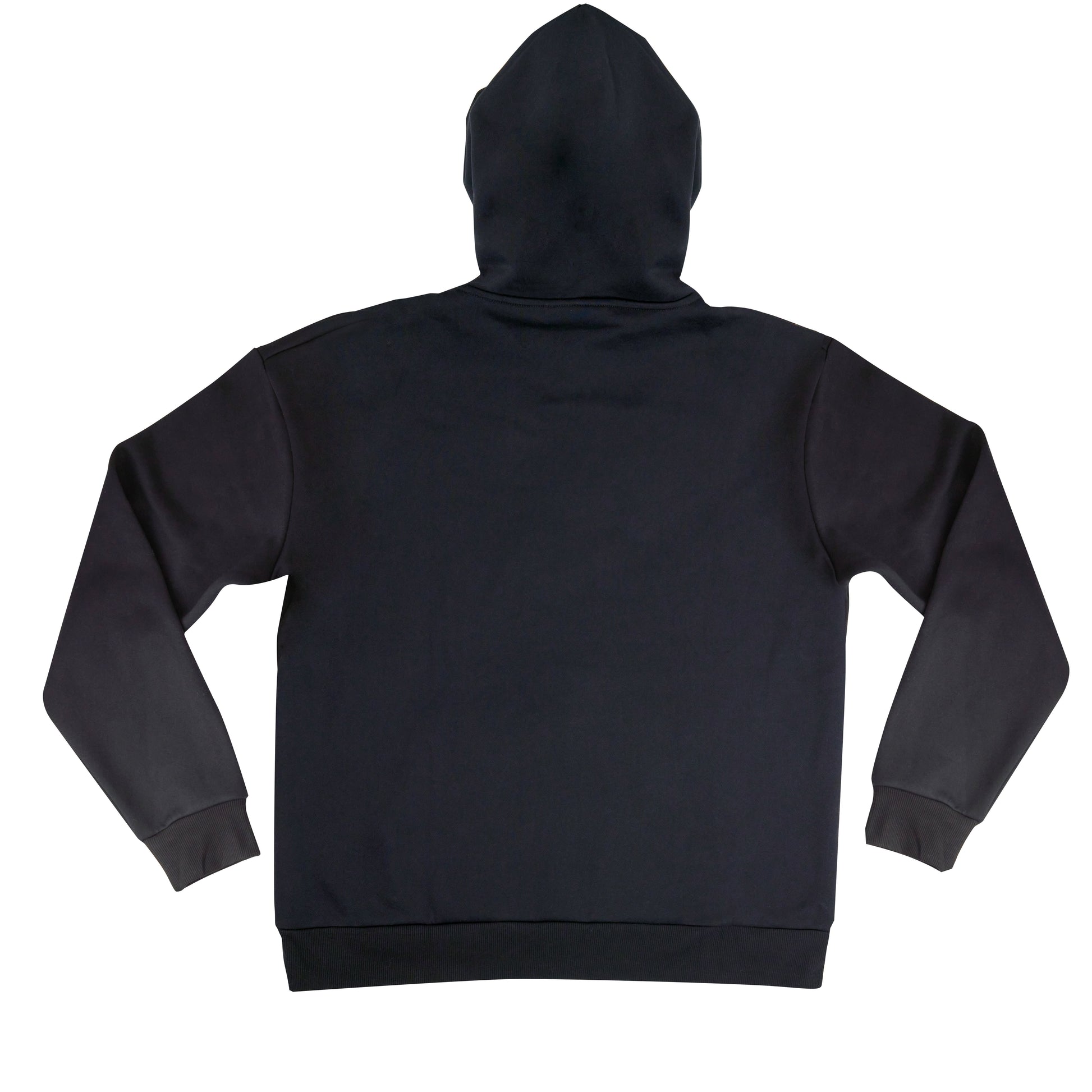 Back flat lay view of the black Hard Mountain Dew sweatshirt. The back is plain and black