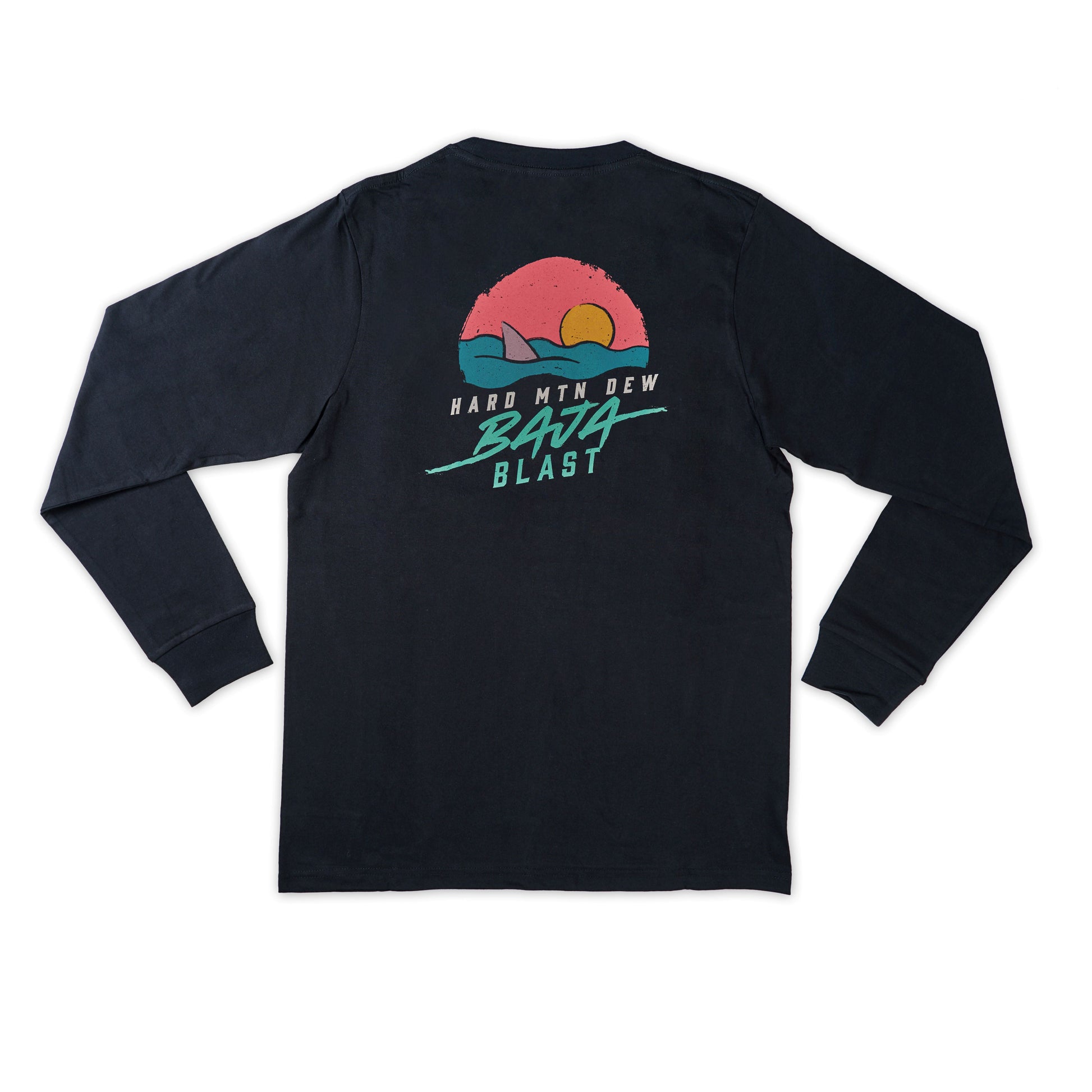 Back flat lay of the black long sleeve tee featuring a large retro 90s design. The artwork shows a shark fin emerging from teal water with a pink horizon and orange sun, all within a circular shape. Both Hard Mountain Dew and Baja Blast are written in teal blue below the illustration, maintaining the 90s aesthetic.