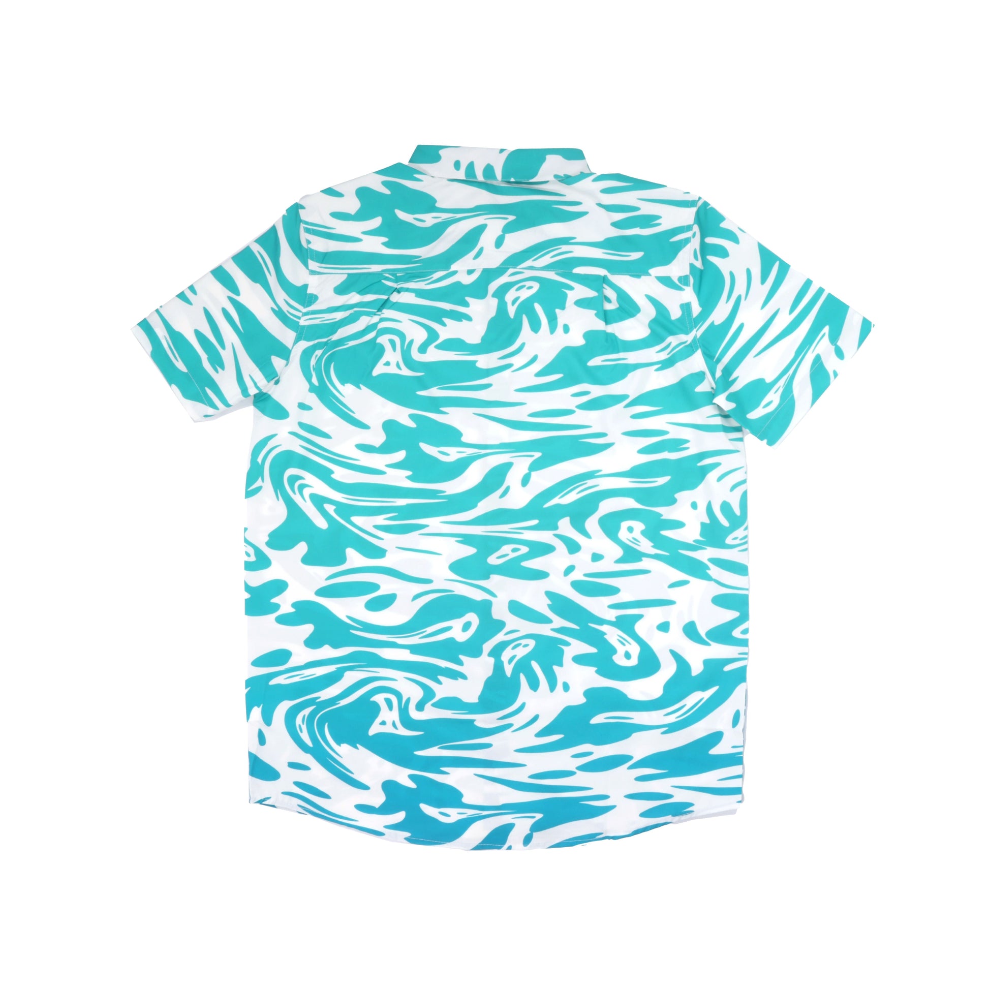 Lay-flat image of the back of a short-sleeve, button-down unisex shirt featuring an abstract, psychedelic wave pattern in teal and white. The shirt shows a gradient from light teal at the top to darker teal at the hem, with no logos or additional design elements on the back.