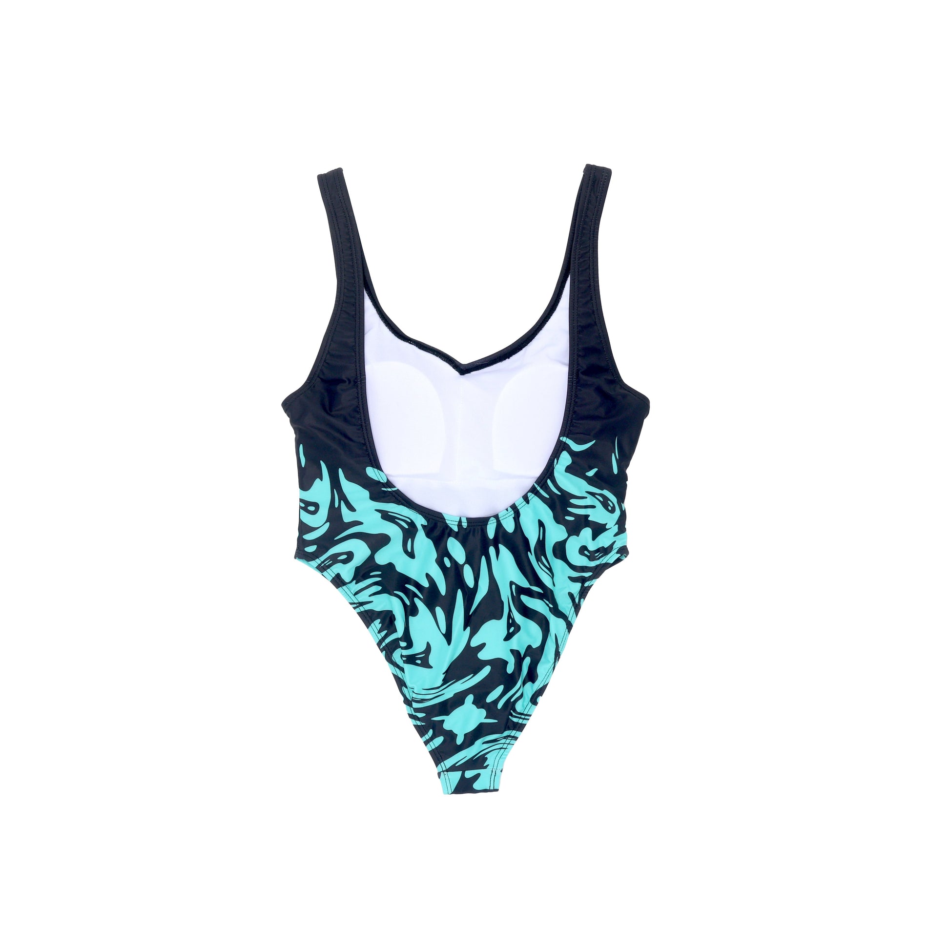 Back flat lay of the one-piece swimsuit featuring the same split design at the waist. The top is solid black, and the bottom has a light teal water pattern against a black background. The back includes a drop-back style opening with no logo.