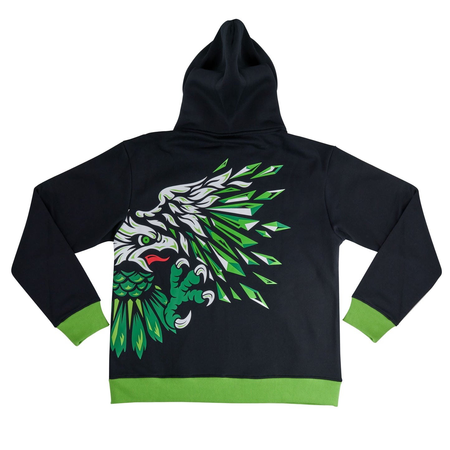 Back view of the Hard Mountain Dew zip-up hoodie sweatshirt, featuring an oversized design of half an eagle head, body, claw, and wing in white, dark green, light green, and black.
