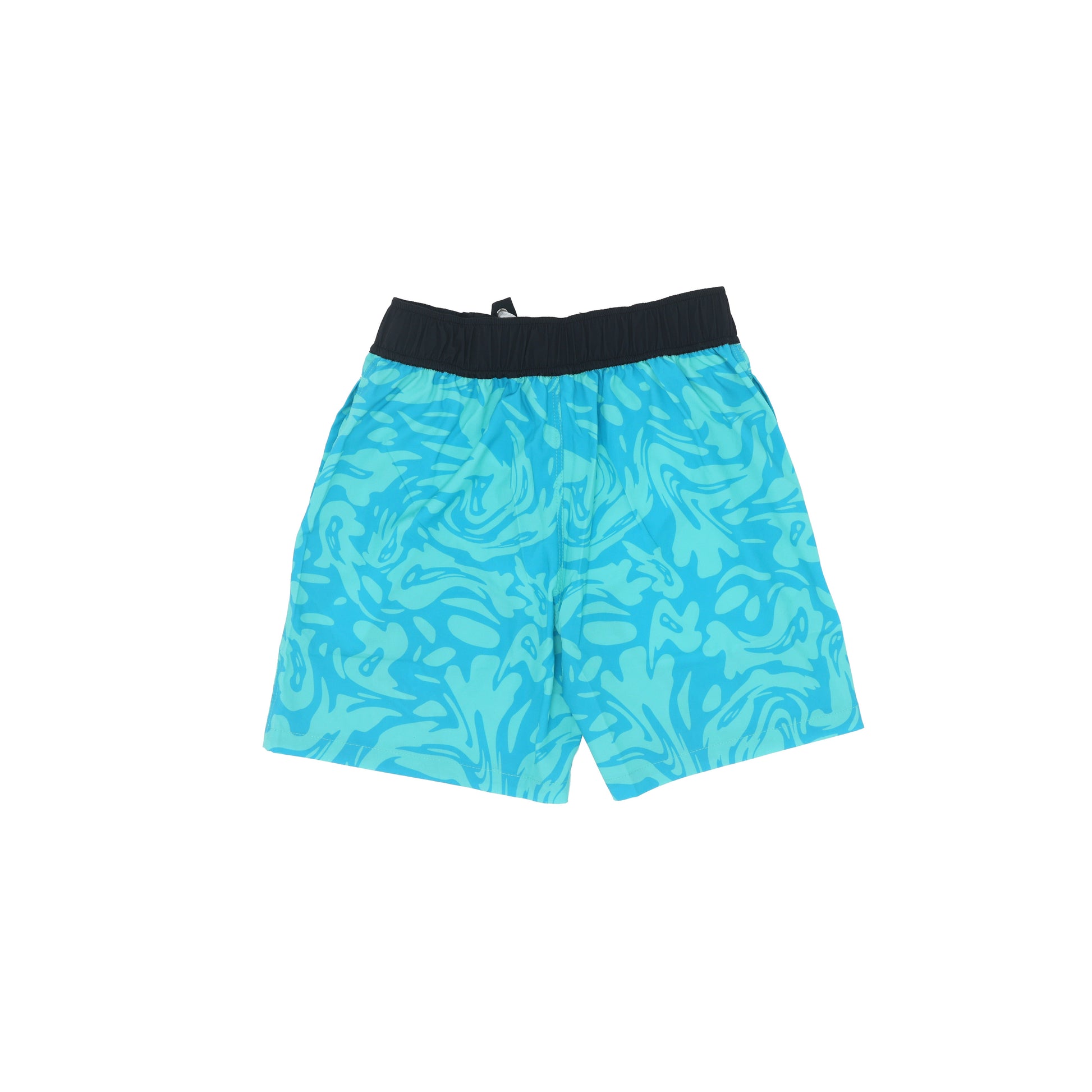Back view flat lay of swim trunks featuring a tonal teal and light blue water pattern. The waistband is black, and there are no logos on the back.