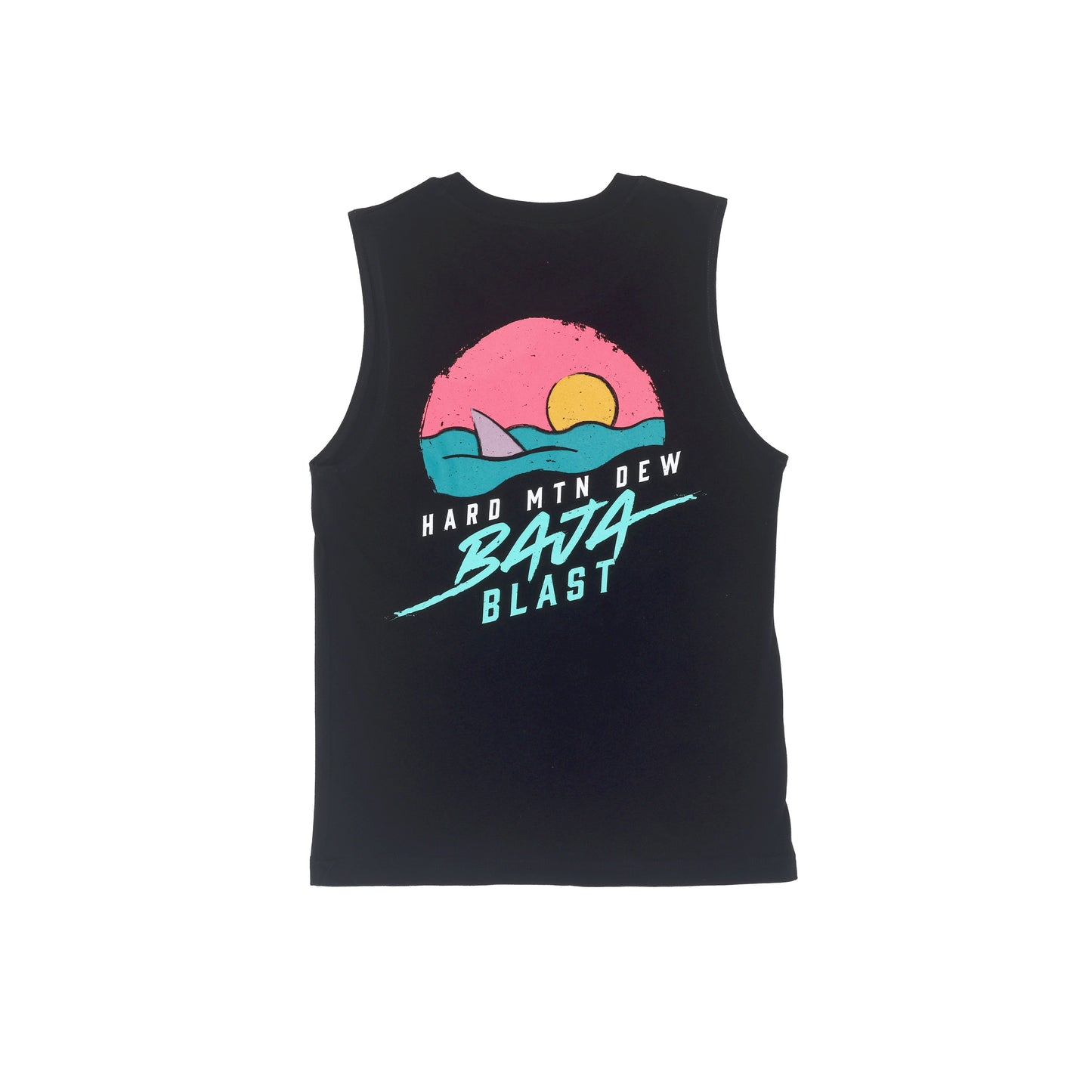 Back flat view of a black muscle tank featuring a retro 90s design. The artwork shows a shark fin emerging from teal waves with a pink sunset and orange sun in a circular shape. The Hard Mountain Dew Baja Blast text is integrated into the design, matching the retro aesthetic.