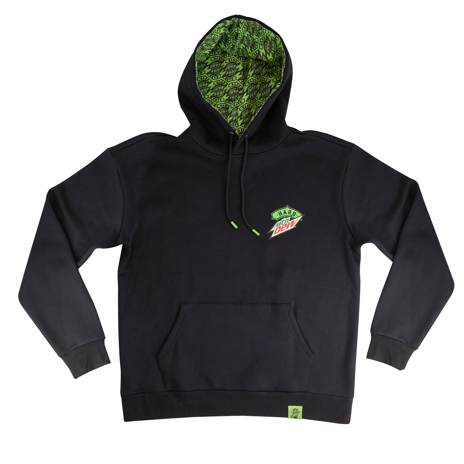 Flat lay of the front of a black Hard Mountain Dew hoodie. The inside features a green and black Hard Mountain Dew repeat pattern design. The hoodie has a small logo printed on the left chest, a small woven label at the hem on the left, and neon green tips on the drawstring. It also includes a front kangaroo-style pocket.