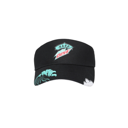 Front view of a visor hat. The front center features a teal, white, and red Hard Mountain Dew logo. The right front corner has a teal wave design, while the left corner includes a fake shark bite illustration.