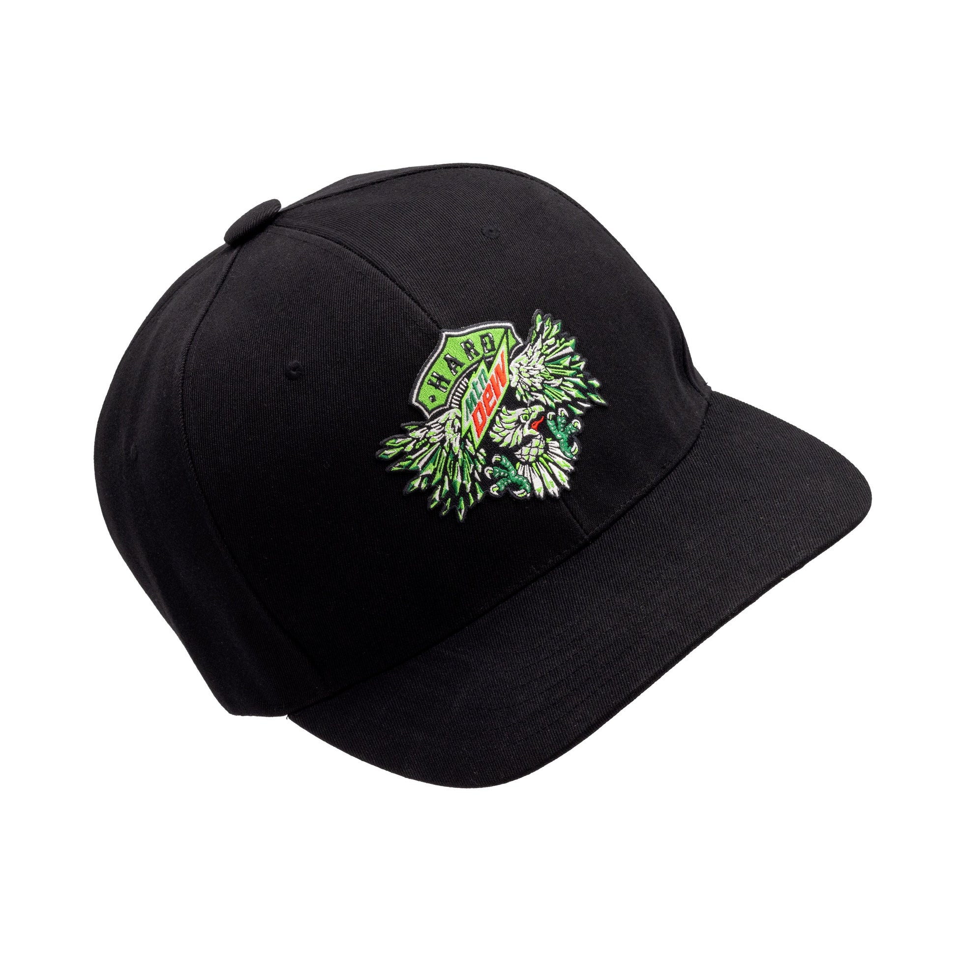 Front view of a black oversized baseball hat featuring neon green, white, and red embroidery of an eagle and the Hard Mountain Dew logo.