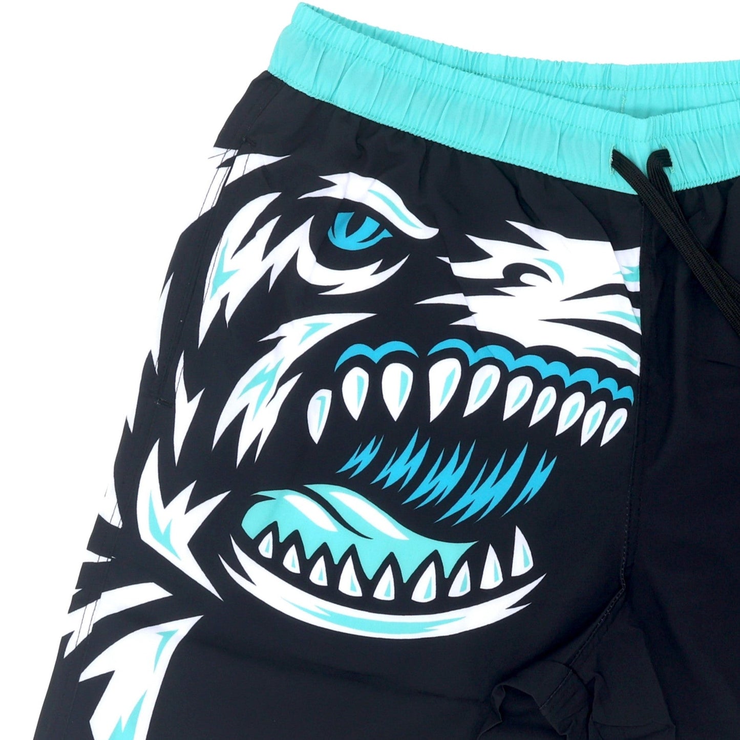 Right front close-up of the men's Hard Mountain Dew Baja Blast swim trunks, featuring a detailed illustration of the white and teal shark design on the right leg.