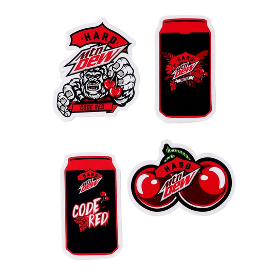 A set of four stickers. The top left sticker features a white and gray cartoon gorilla holding two red cherries, with the text "HARD MTN DEW" in red and white above it and "CODE RED" on a red banner below. The top right and bottom left stickers are shaped like black and red cans with the "HARD MTN DEW" logo and "CODE RED" text. The bottom right sticker shows two red cherries with the "HARD MTN DEW" logo overlaid.