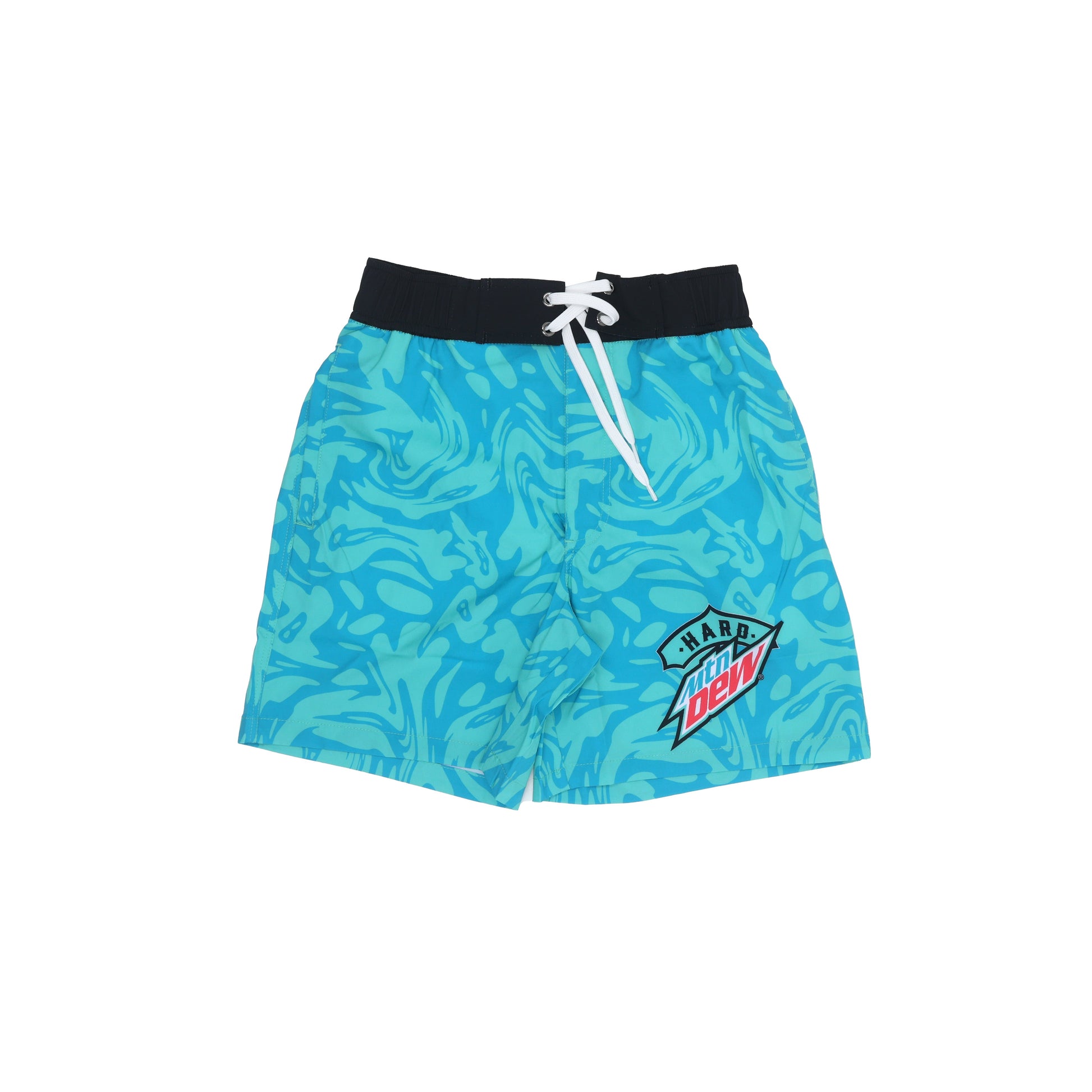 Front flat view of swim trunks featuring a tonal teal and light blue water pattern. The trunks have a contrasting black waistband and white drawstring, with the Hard Mountain Dew Baja Blast logo visible on the leg.