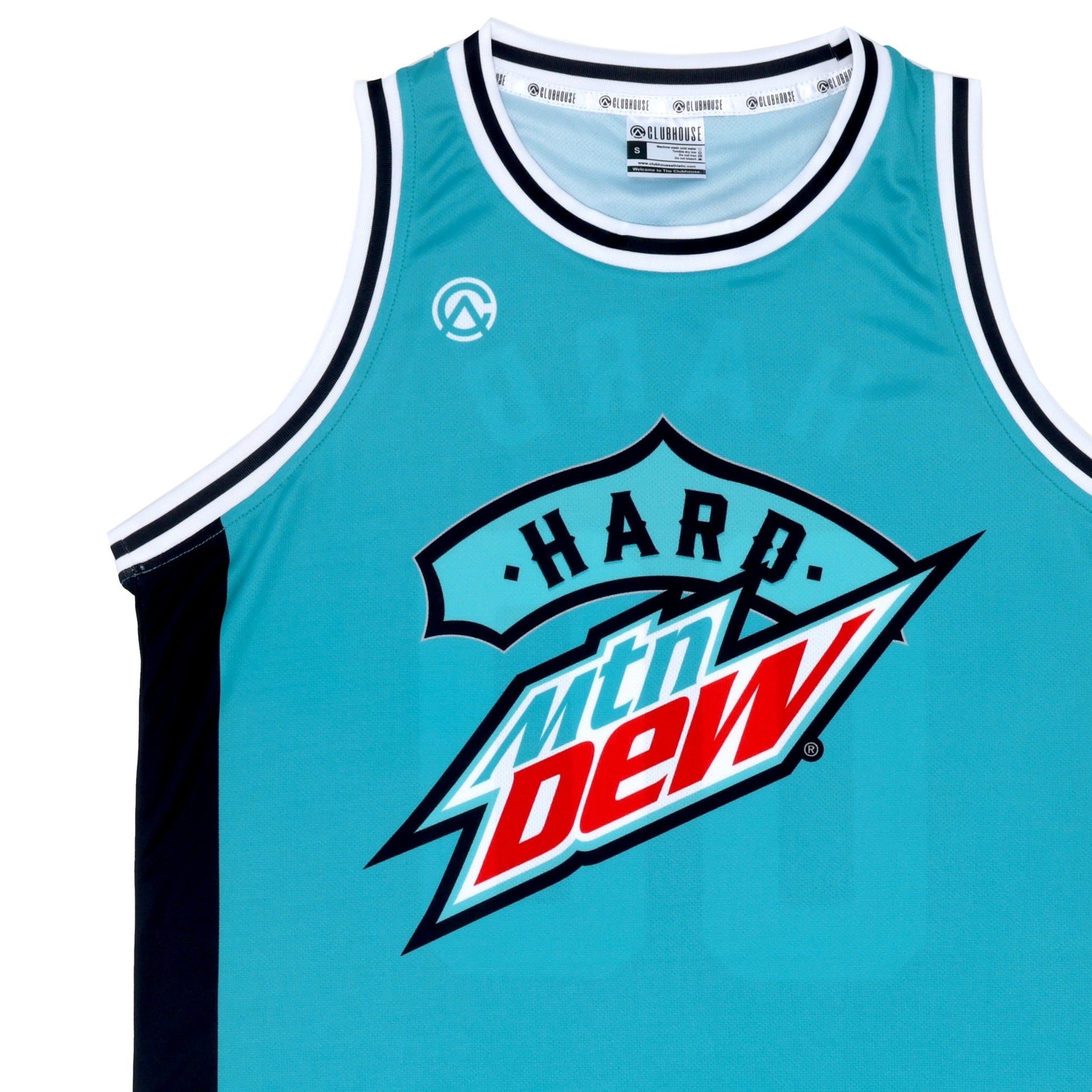 Close-up of the Hard Dew basketball jersey's front logo, showing detailed colors in black, teal, red, and white. The image also highlights the armhole openings with a white-black-white stripe pattern.