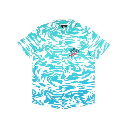 Lay-flat image of a short-sleeve, button-down unisex shirt with a pocket on the left chest. The pocket features a Hard Mountain Dew logo in teal, white, and red. The shirt has an abstract, psychedelic wave pattern in teal and white, with a gradient effect from light teal at the top shoulder to darker teal at the hem.