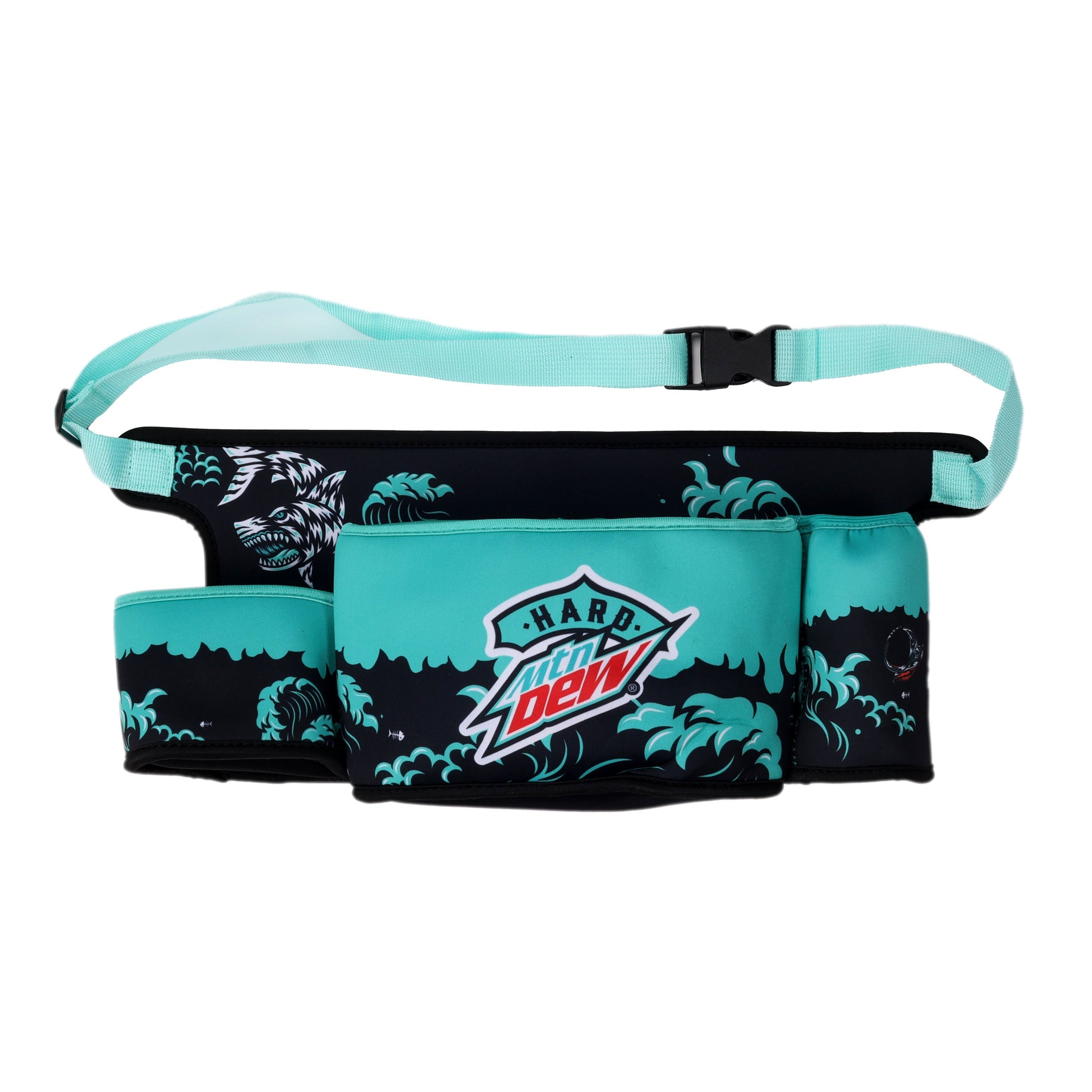 A black fanny pack with a teal adjustable strap and buckle. The main pouch of the fanny pack is black with a pattern of teal waves and a stylized white shark on the left side. The front features three pockets with teal tops designed to look like waves. The central pocket has the "HARD MTN DEW" logo in teal and red.
