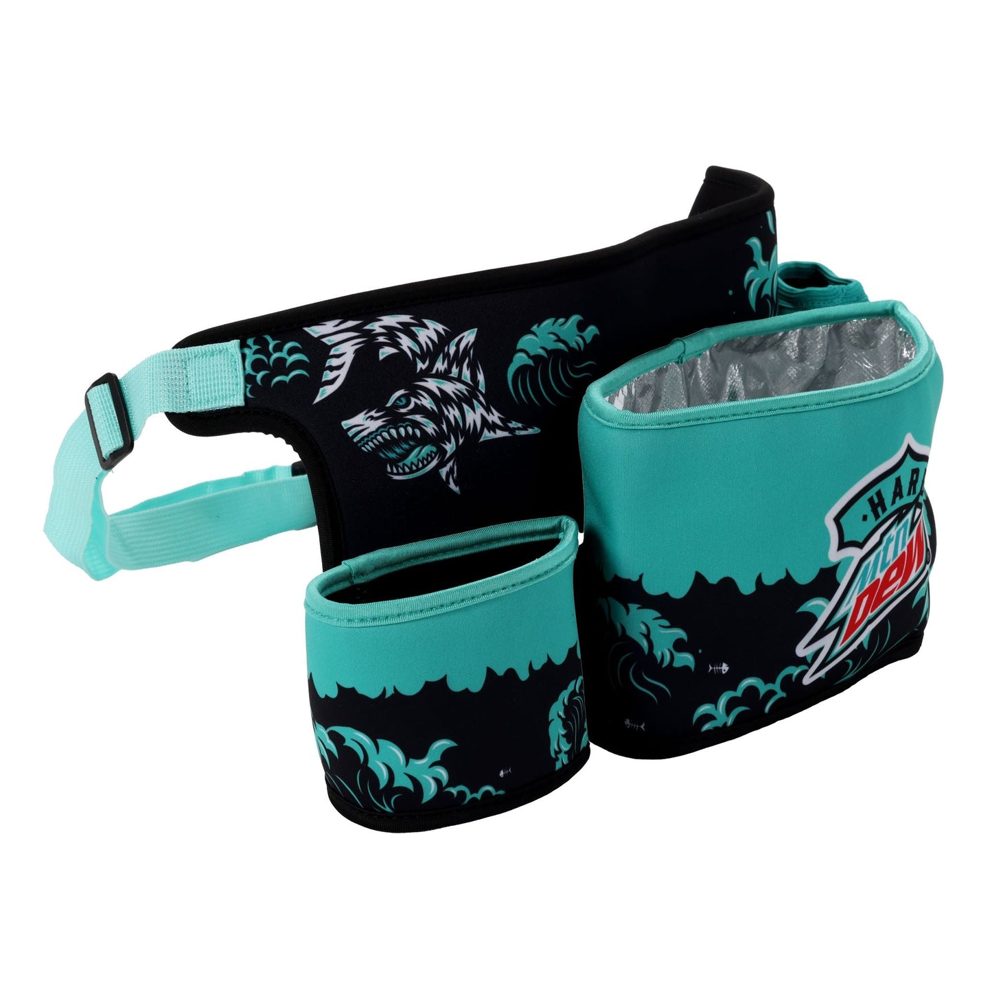 
A black Hard MTN DEW can cooler belt with teal accents, displayed at an angle on a white background. The belt features a stylized white shark graphic with teal wave patterns. Attached to the belt are two can holders: one smaller, open holder to the left, and a larger insulated holder to the right.