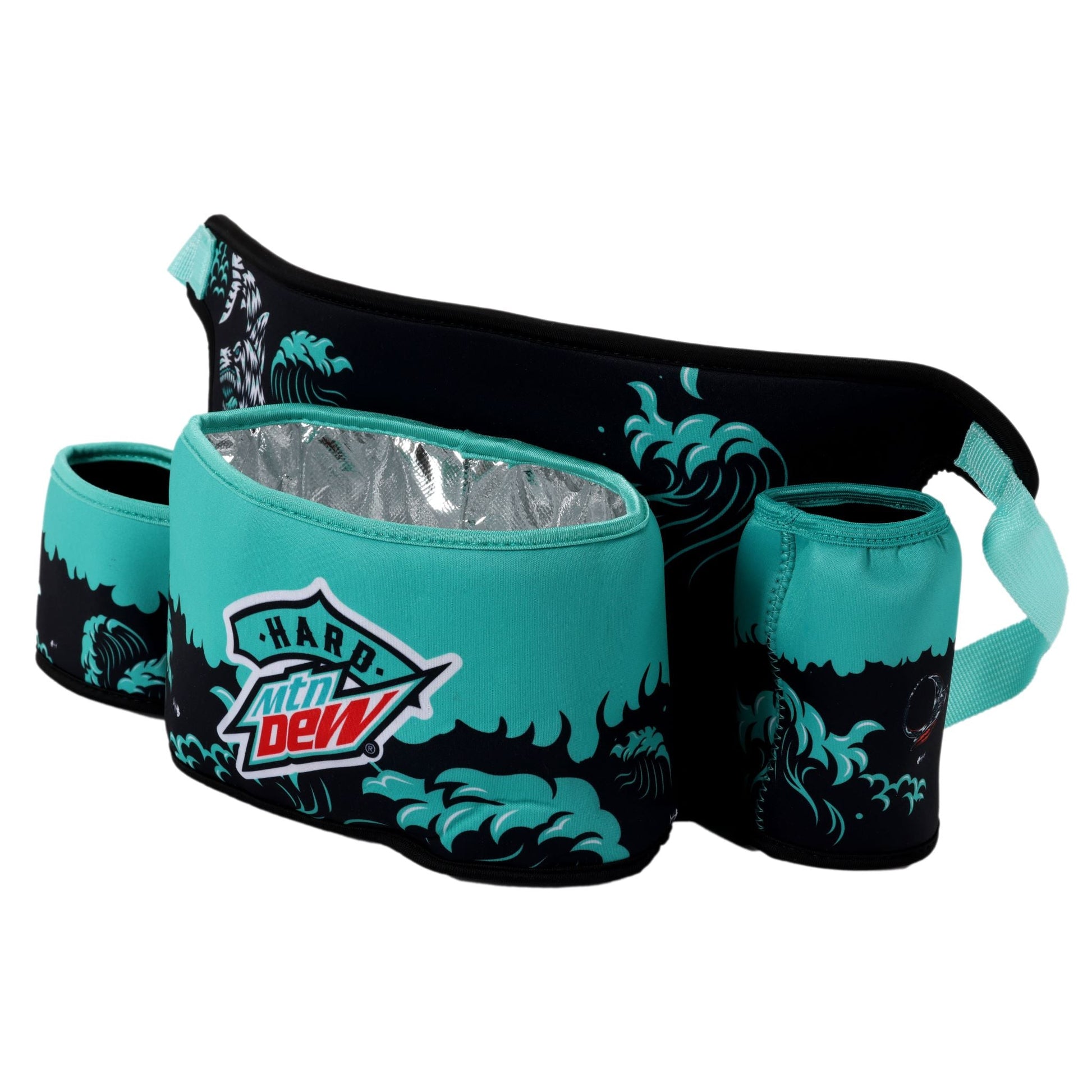 Black Hard MTN DEW can cooler belt with teal accents, displayed on a white background. The belt shows its full length, featuring a pattern of black and teal waves, with a partially visible shark graphic on the leftmost section. Attached to the belt are three can holders: two smaller, open holders on the left and right, and a larger, insulated holder in the center. The central insulated holder has a silver thermal lining visible and prominently features the "HARD MTN DEW" logo on its teal upper half.