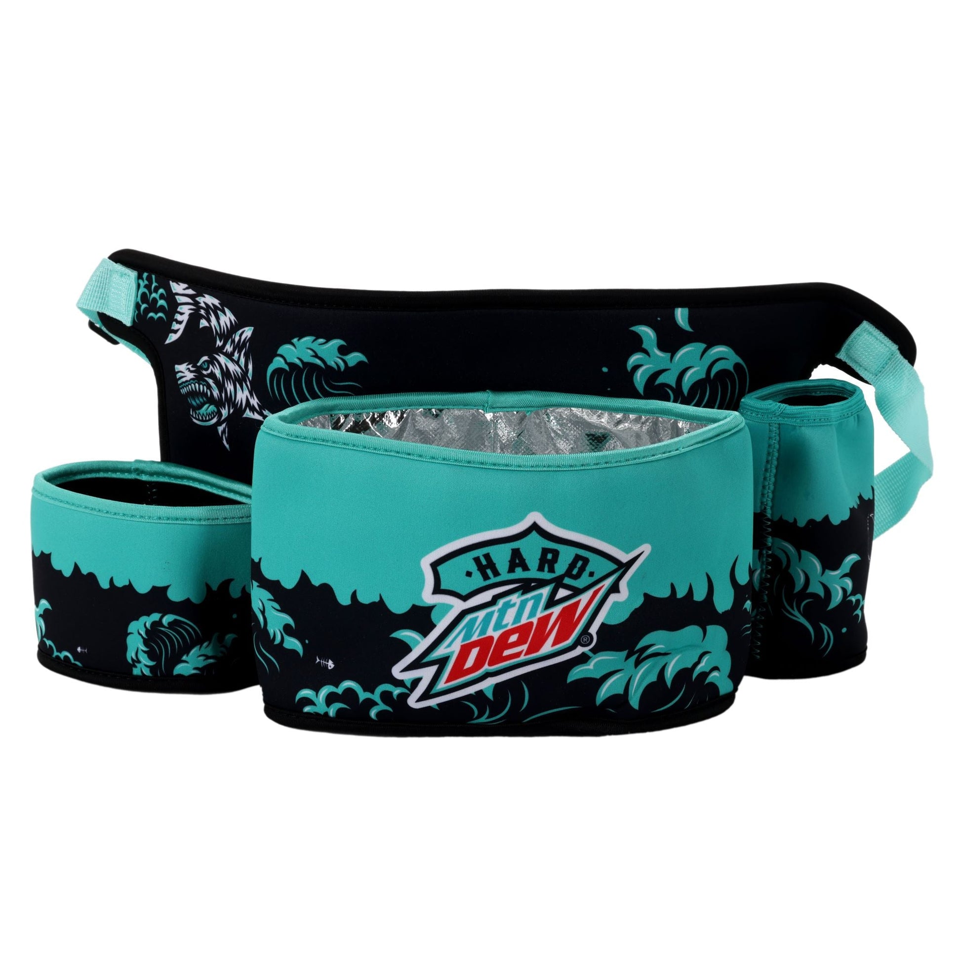A black fanny pack with a teal adjustable strap and buckle. The main pouch of the fanny pack is black with a pattern of teal waves and a stylized white shark on the left side. The front features three pockets with teal tops designed to look like waves. The central pocket has the "HARD MTN DEW" logo in teal and red.