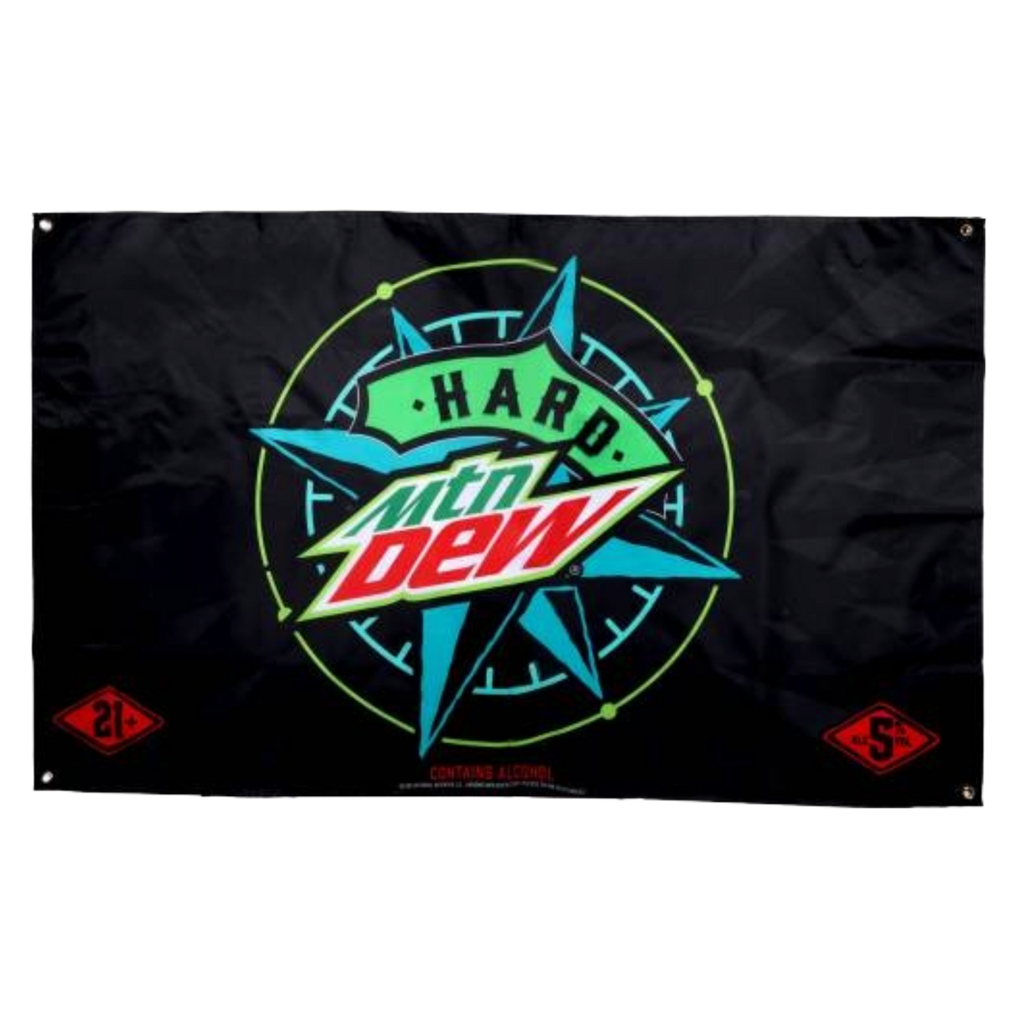 Black rectangular flag for "Hard MTN DEW." The center features the "MTN DEW" logo in green and red with "HARD" written in green above it. This is set against a teal starburst or compass-like design with a thin neon green circle around it. In the bottom left corner, there's a red diamond shape with "21+" in white. In the bottom right corner, there's a red diamond shape with "5% ALC/VOL" in white. Below the main design, small white text reads "CONTAINS ALCOHOL." There are metal grommets in each corner.