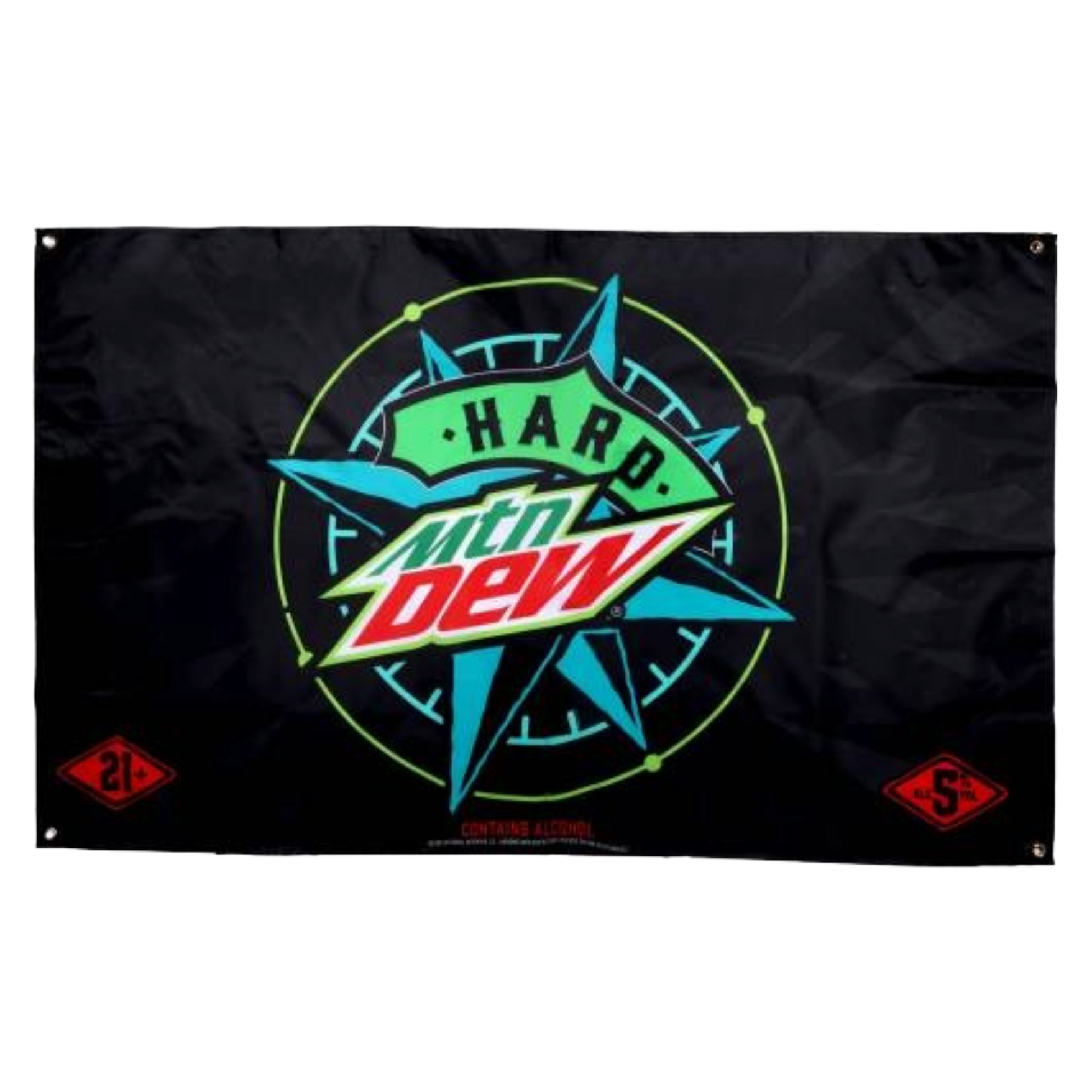 Black rectangular flag for "Hard MTN DEW." The center features the "MTN DEW" logo in green and red with "HARD" written in green above it. This is set against a teal starburst or compass-like design with a thin neon green circle around it. In the bottom left corner, there's a red diamond shape with "21+" in white. In the bottom right corner, there's a red diamond shape with "5% ALC/VOL" in white. Below the main design, small white text reads "CONTAINS ALCOHOL." There are metal grommets in each corner.