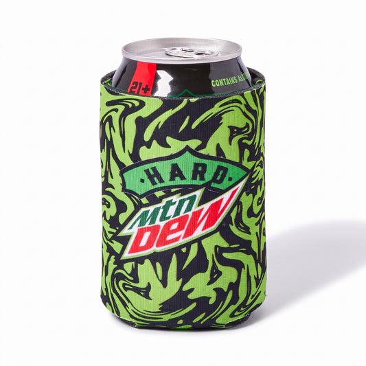 Green and black can cooler with can inside on white background.  Text says 'hard mtn dew'